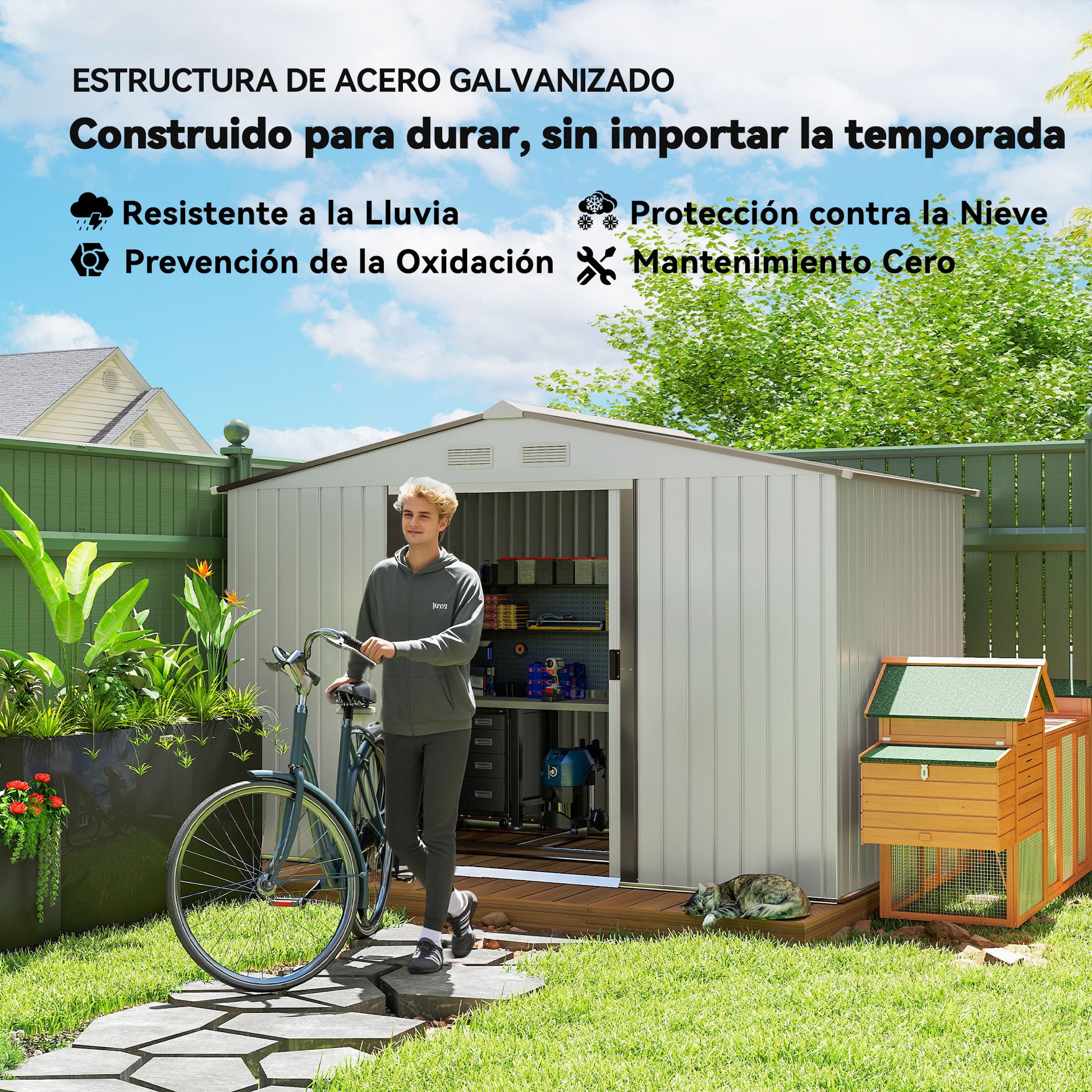 Outsunny Caseta de Jardín Exterior 4,9 m², 277x195x192 cm, Cobertizo de Jardín Exterior Metálico con Puerta Corredera, Ventilación y Kit de Fundación, para Almacenamiento de Herramientas, Plata