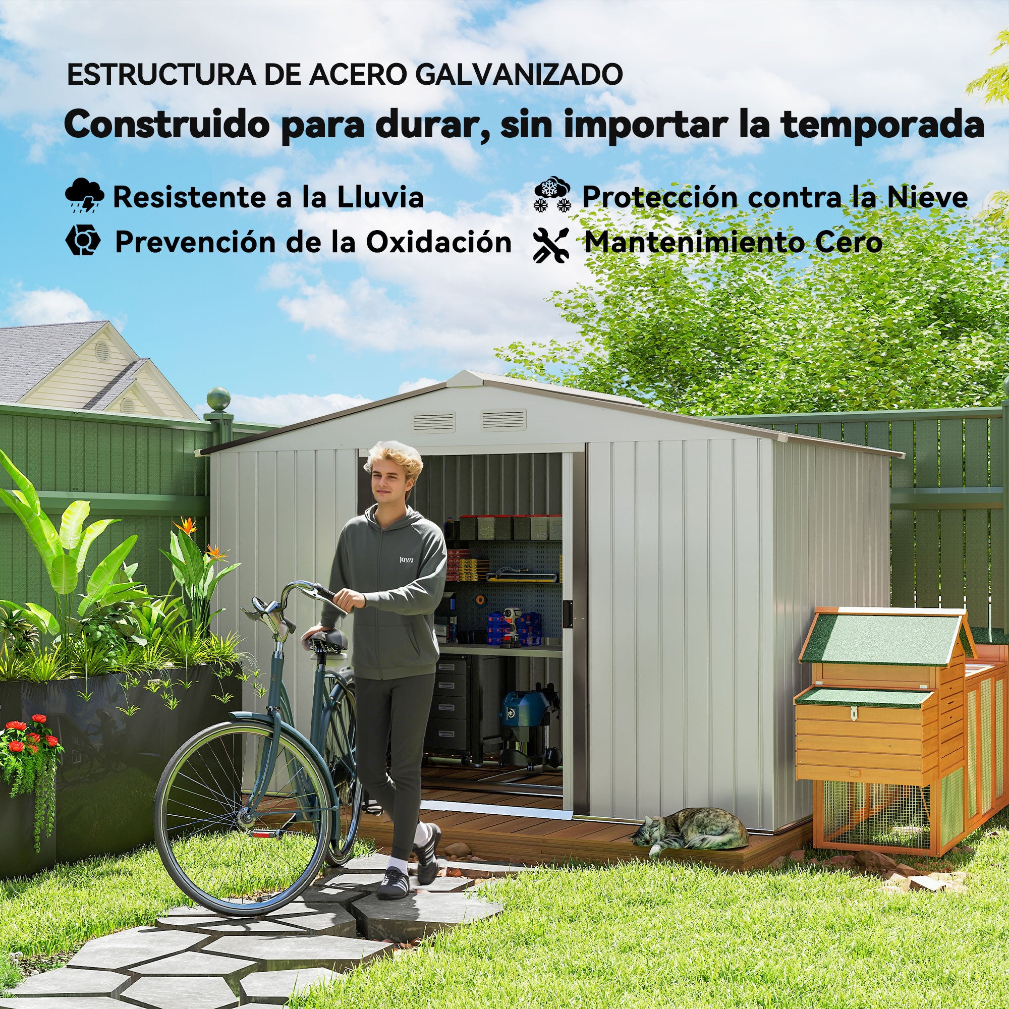 Outsunny Caseta de Jardín Exterior 4,9 m², 277x195x192 cm, Cobertizo de Jardín Exterior Metálico con Puerta Corredera, Ventilación y Kit de Fundación, para Almacenamiento de Herramientas, Plata