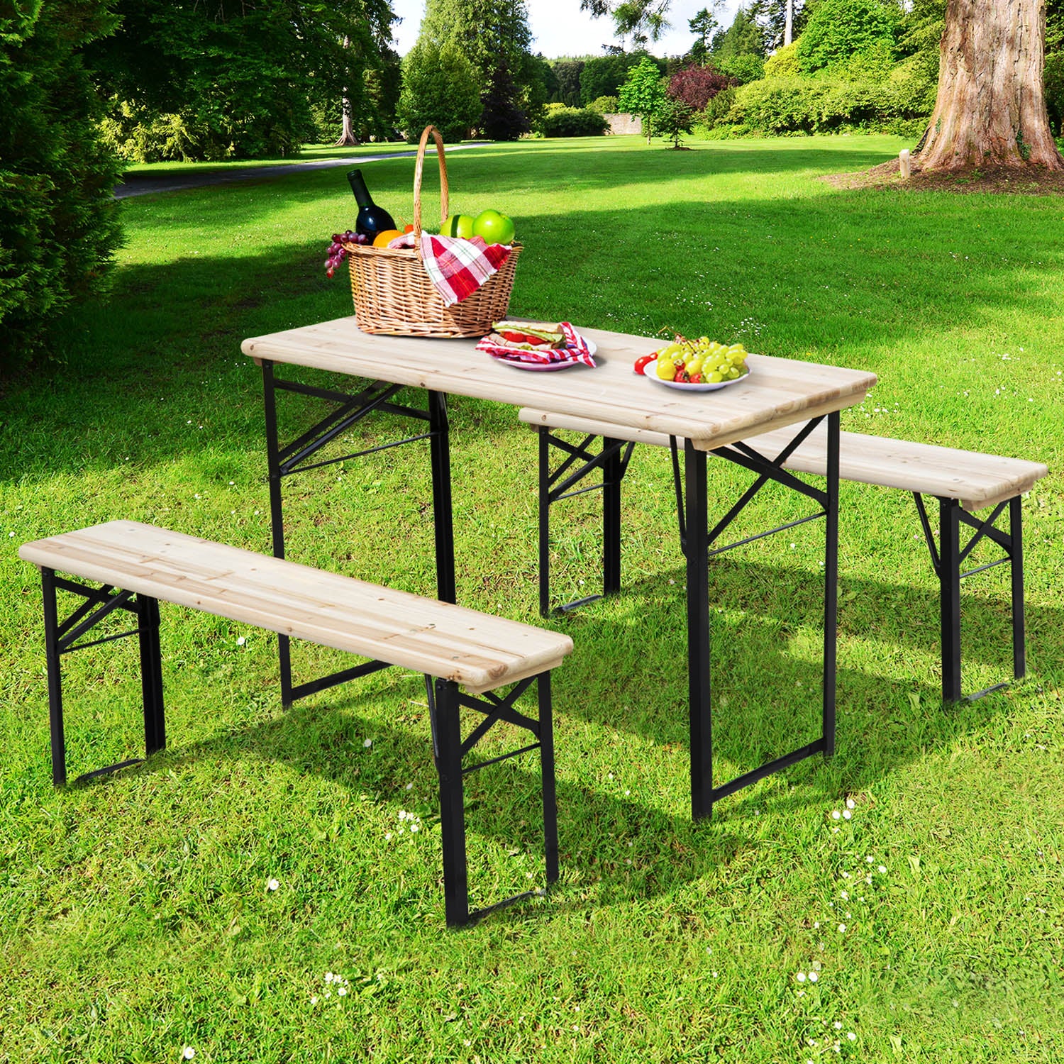 Outsunny Conjunto Mesa y 2 Bancos Plegables de Jardín Muebles para Camping Picnic Mesa de 180x50x75 cm y Asiento de 180x25x45 cm Madera y Negro