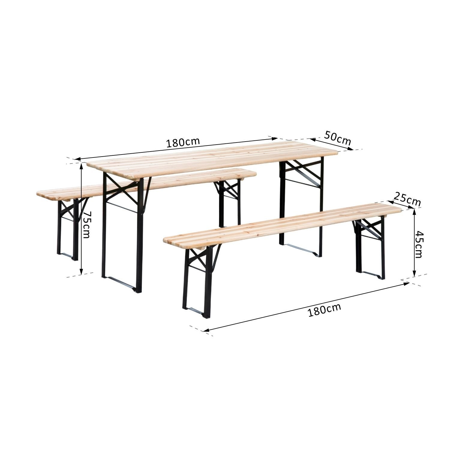 Outsunny Conjunto Mesa y 2 Bancos Plegables de Jardín Muebles para Camping Picnic Mesa de 180x50x75 cm y Asiento de 180x25x45 cm Madera y Negro