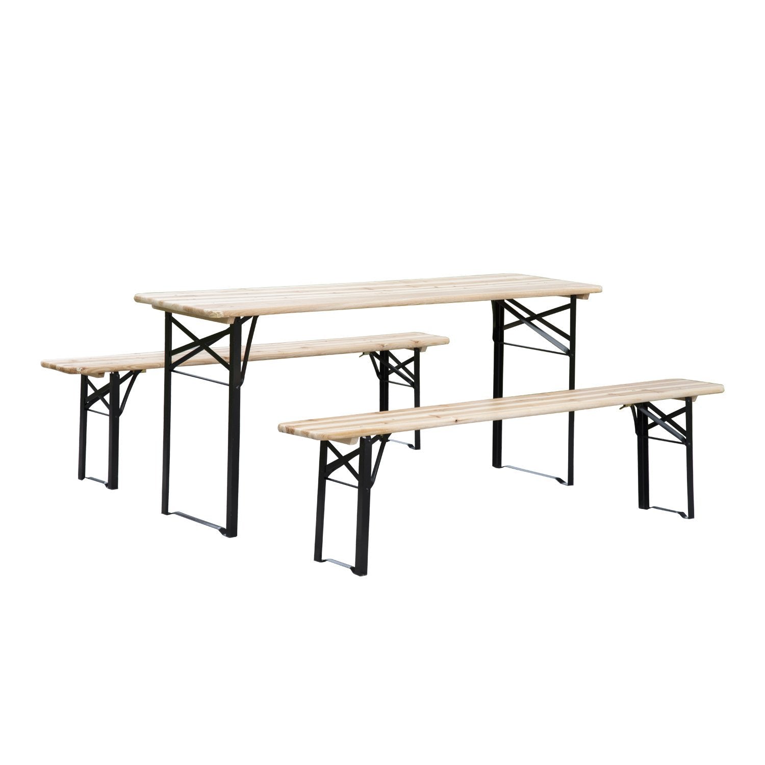 Outsunny Conjunto Mesa y 2 Bancos Plegables de Jardín Muebles para Camping Picnic Mesa de 180x50x75 cm y Asiento de 180x25x45 cm Madera y Negro