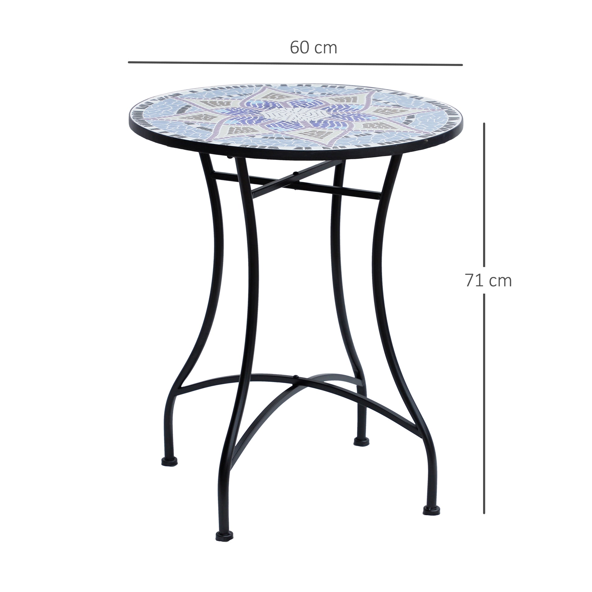 Outsunny Mesa de Jardín Redonda Mesa de Terraza Exterior Ø60x71 cm con Encimera de Mosaico Decorativo Carga 100 kg Mesa para Exterior Patio Azul y Blanco