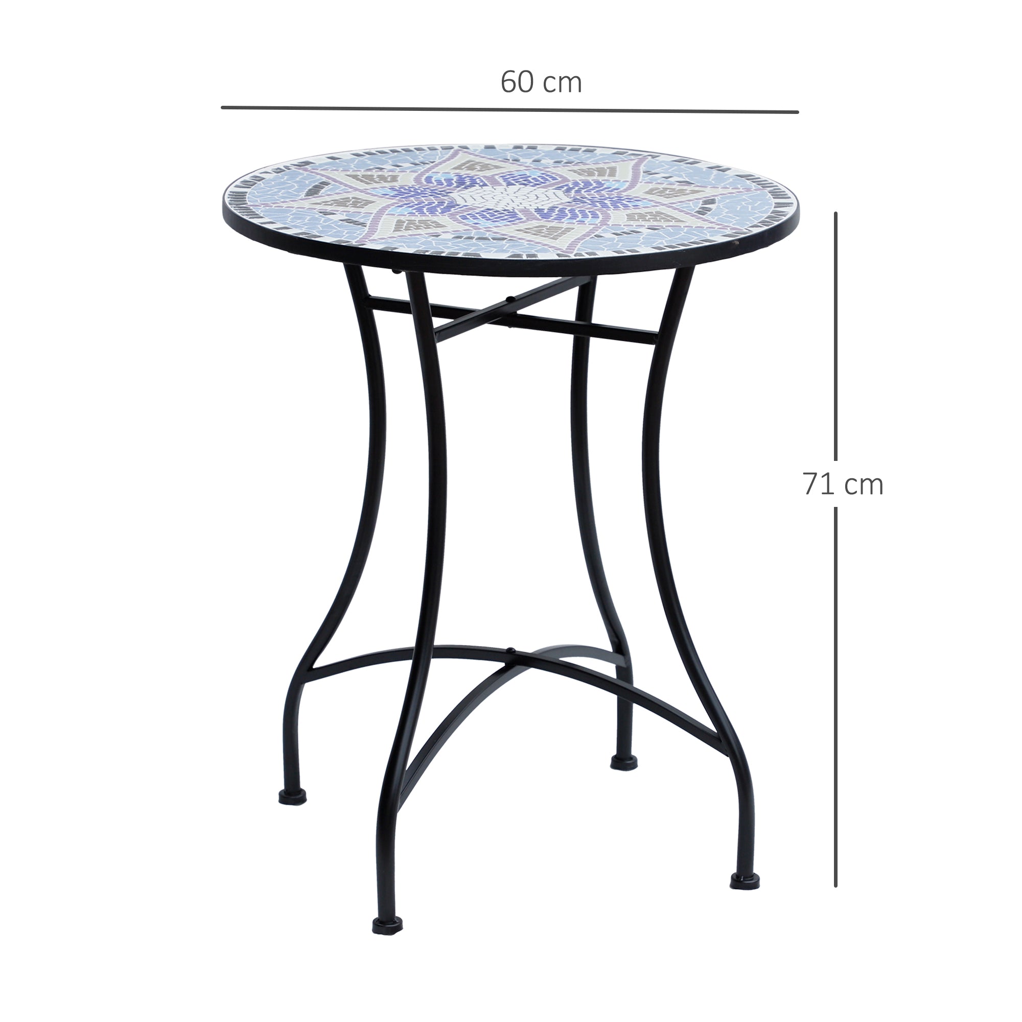 Outsunny Mesa de Jardín Redonda Mesa de Terraza Exterior Ø60x71 cm con Encimera de Mosaico Decorativo Carga 100 kg Mesa para Exterior Patio Azul y Blanco