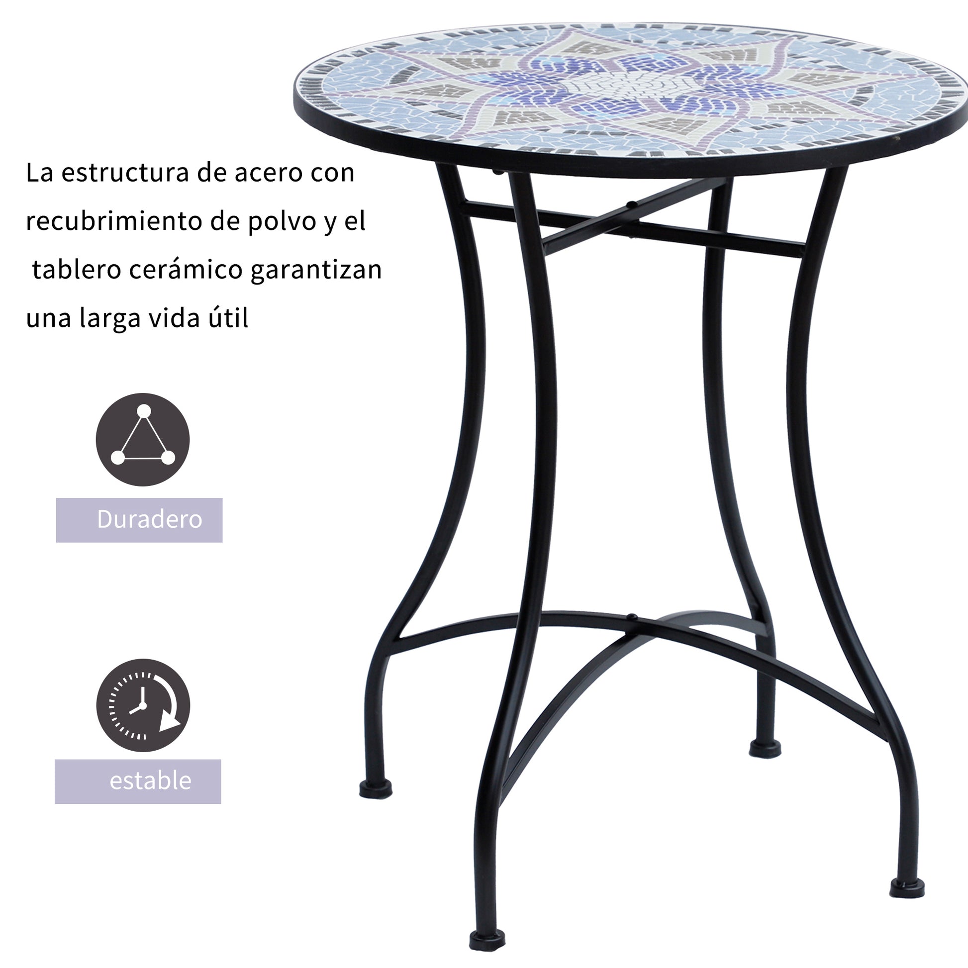 Outsunny Mesa de Jardín Redonda Mesa de Terraza Exterior Ø60x71 cm con Encimera de Mosaico Decorativo Carga 100 kg Mesa para Exterior Patio Azul y Blanco