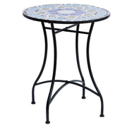 Outsunny Mesa de Jardín Redonda Mesa de Terraza Exterior Ø60x71 cm con Encimera de Mosaico Decorativo Carga 100 kg Mesa para Exterior Patio Azul y Blanco
