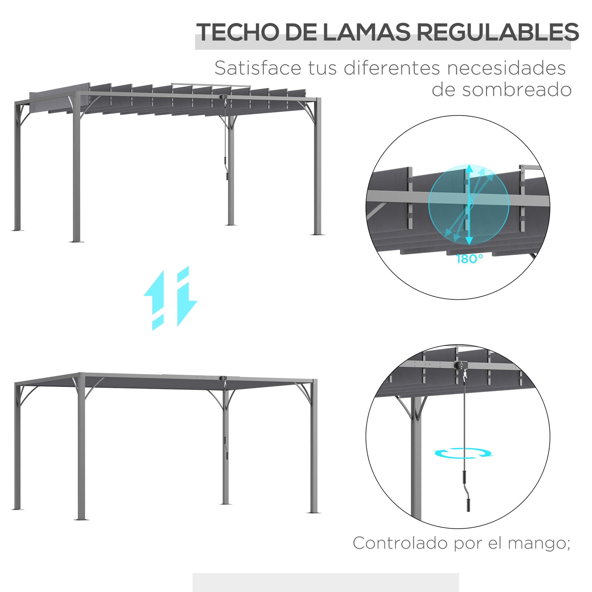 Outsunny Cenador de Jardín 4x3 m Pérgola de Aluminio Gazebo con Diseño de Lamas Superior Giratorio hasta 135° y Protección UV 50+ Pabellón para Patio Terraza Balcón Gris