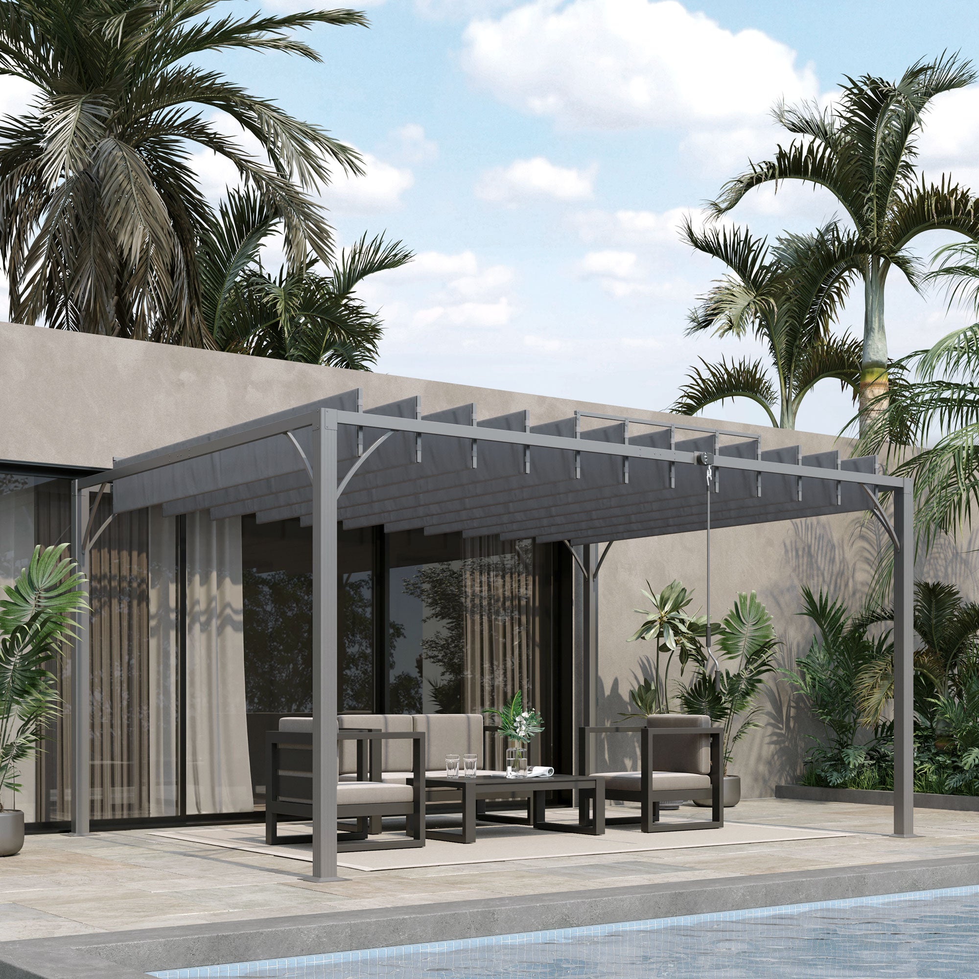 Outsunny Cenador de Jardín 4x3 m Pérgola de Aluminio Gazebo con Diseño de Lamas Superior Giratorio hasta 135° y Protección UV 50+ Pabellón para Patio Terraza Balcón Gris