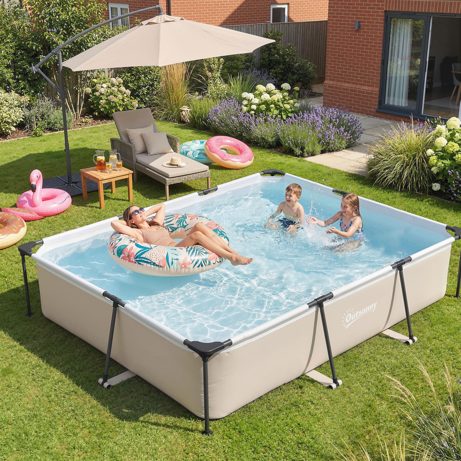 Outsunny Piscina Desmontable Tubular 316x238x66,5 cm 3700 L, Piscina Rectangular con Marco Metálico Estable, Parche de Reparación, Bomba de Filtro No Incluida para 2-4 Personas, Jardín, Exterior, Gris