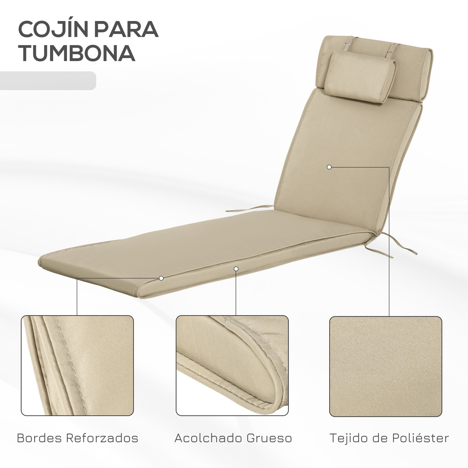 Outsunny Cojín para Tumbona de Exterior 198x53x5 cm Desenfundable y Lavable con Reposacabezas Extraíble Colchoneta Plegable de Algodón para Silla Reclinable de Jardín Beige