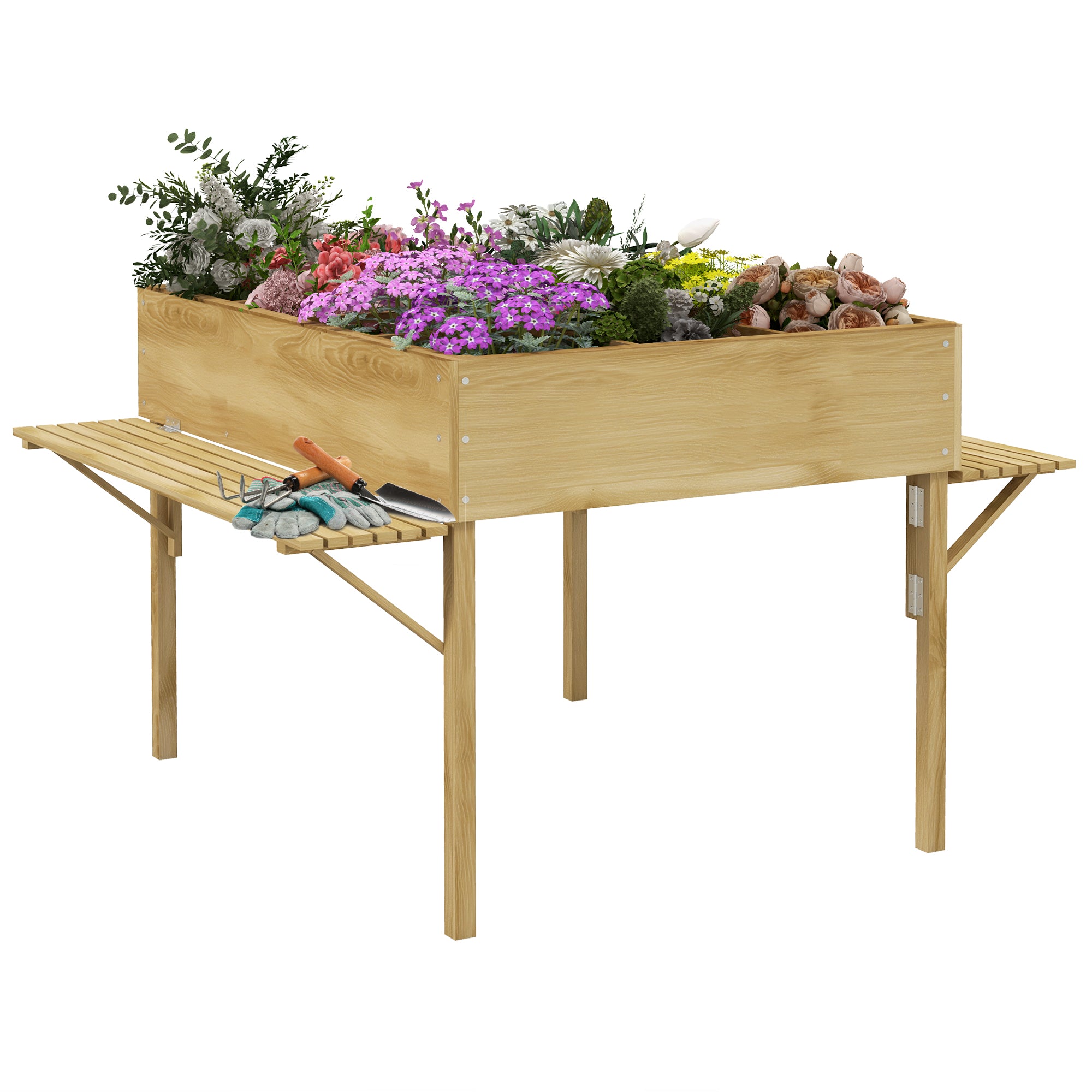 Outsunny Mesa de Cultivo de Madera Huerto Urbano Elevado 122x91,5x89 cm con 2 Estantes Plegables Tela no Tejida para Cultivo Plantas Flores Verduras Natural