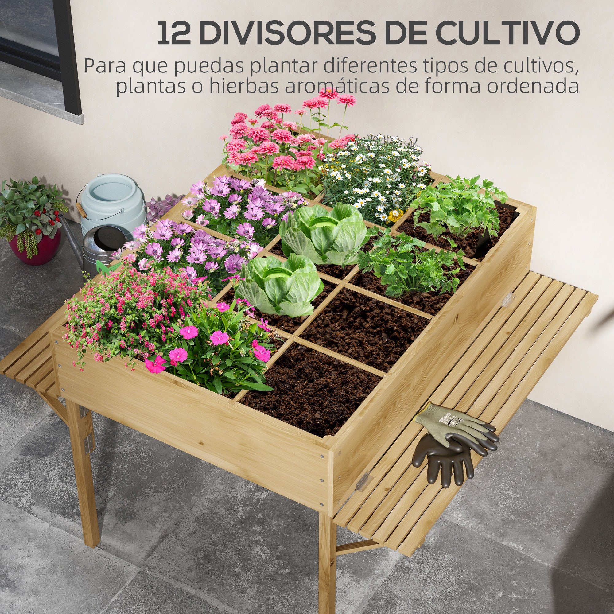Outsunny Mesa de Cultivo de Madera Huerto Urbano Elevado 122x91,5x89 cm con 2 Estantes Plegables Tela no Tejida para Cultivo Plantas Flores Verduras Natural