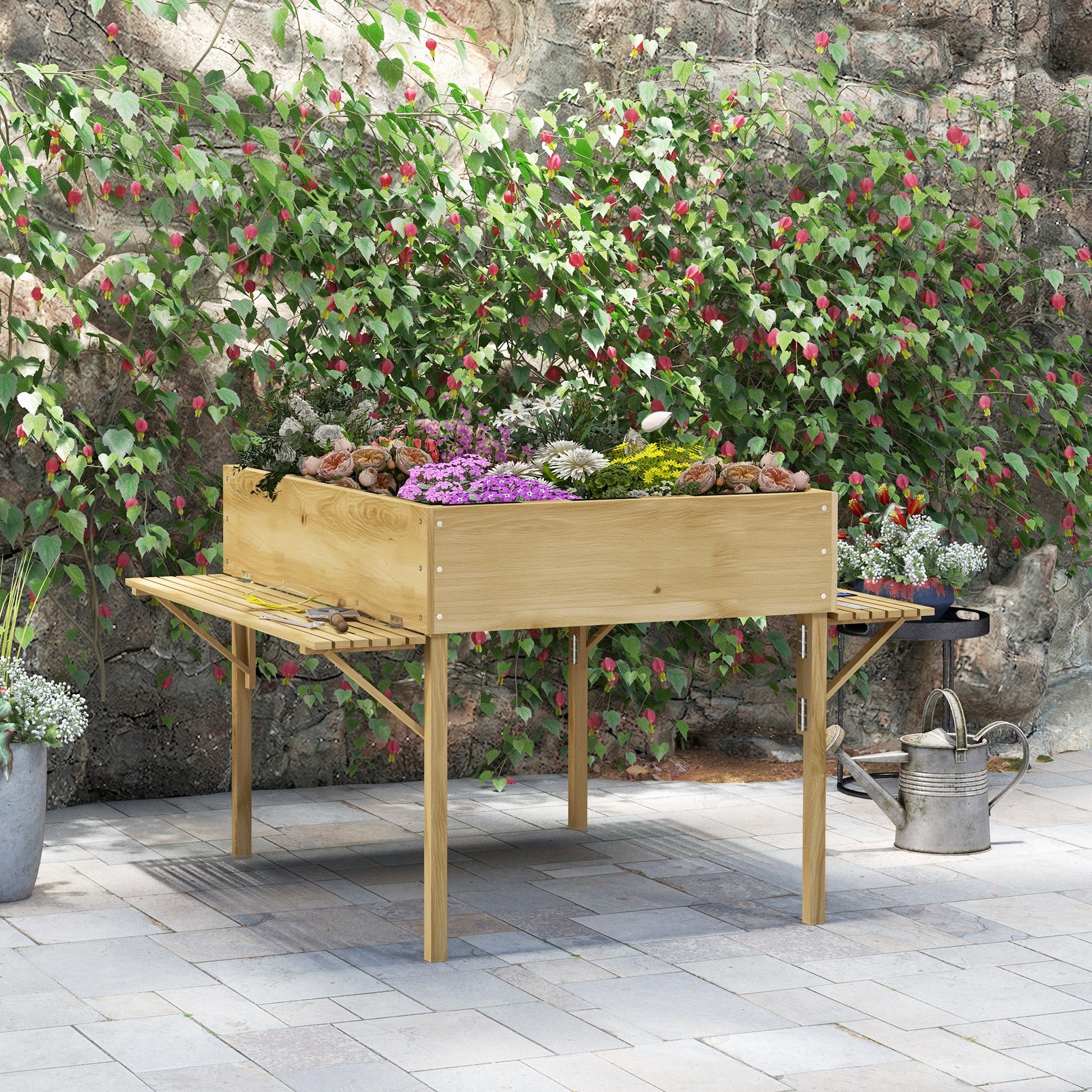 Outsunny Mesa de Cultivo de Madera Huerto Urbano Elevado 122x91,5x89 cm con 2 Estantes Plegables Tela no Tejida para Cultivo Plantas Flores Verduras Natural