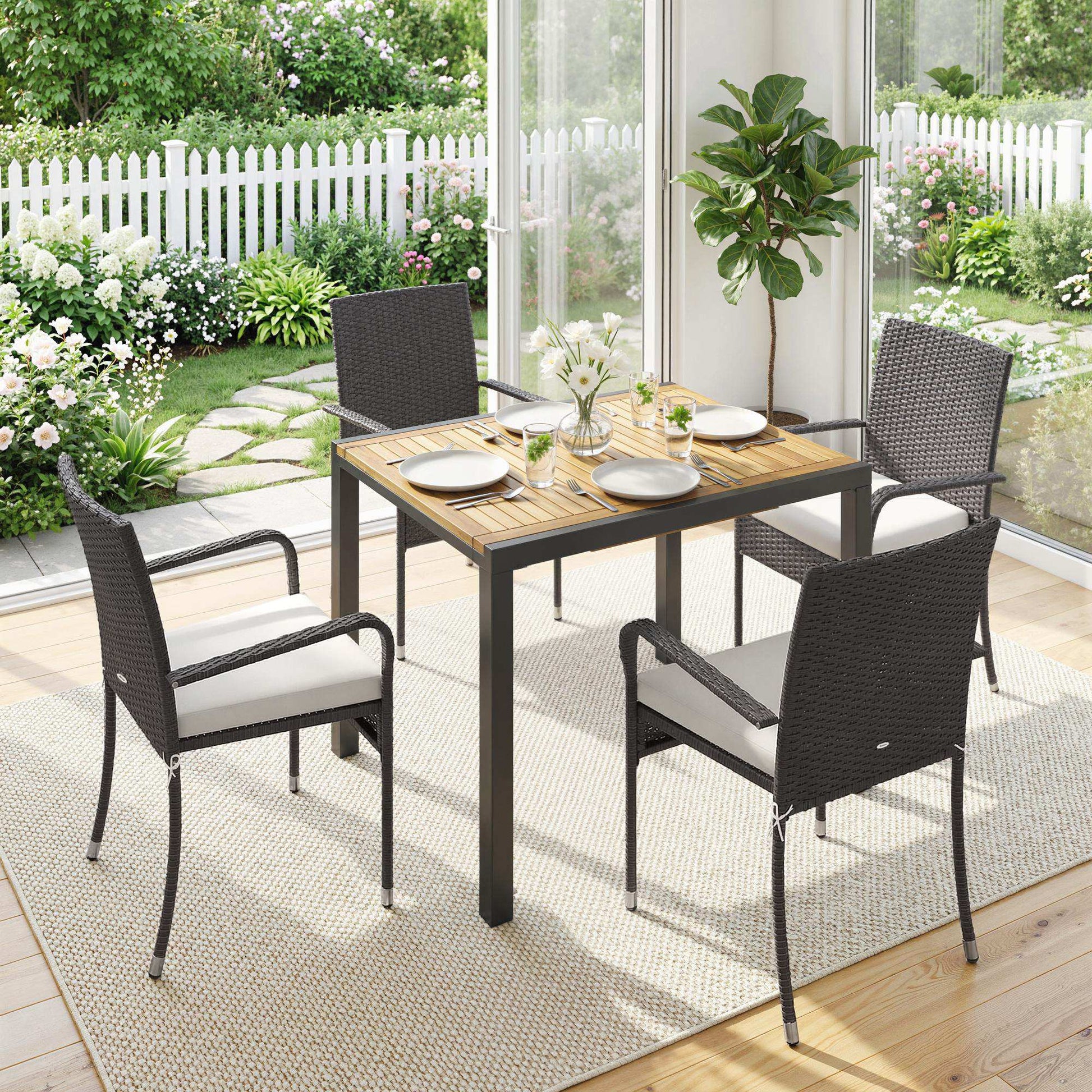 Outsunny Conjunto de Mesa y Sillas Jardín de Ratán de 7 Piezas, Muebles Jardín Exterior con Mesa Extensible 100-150 cm Tablero Madera y 6 Sillas Apilables con Cojines Extraíbles, Marco de Acero, Crema