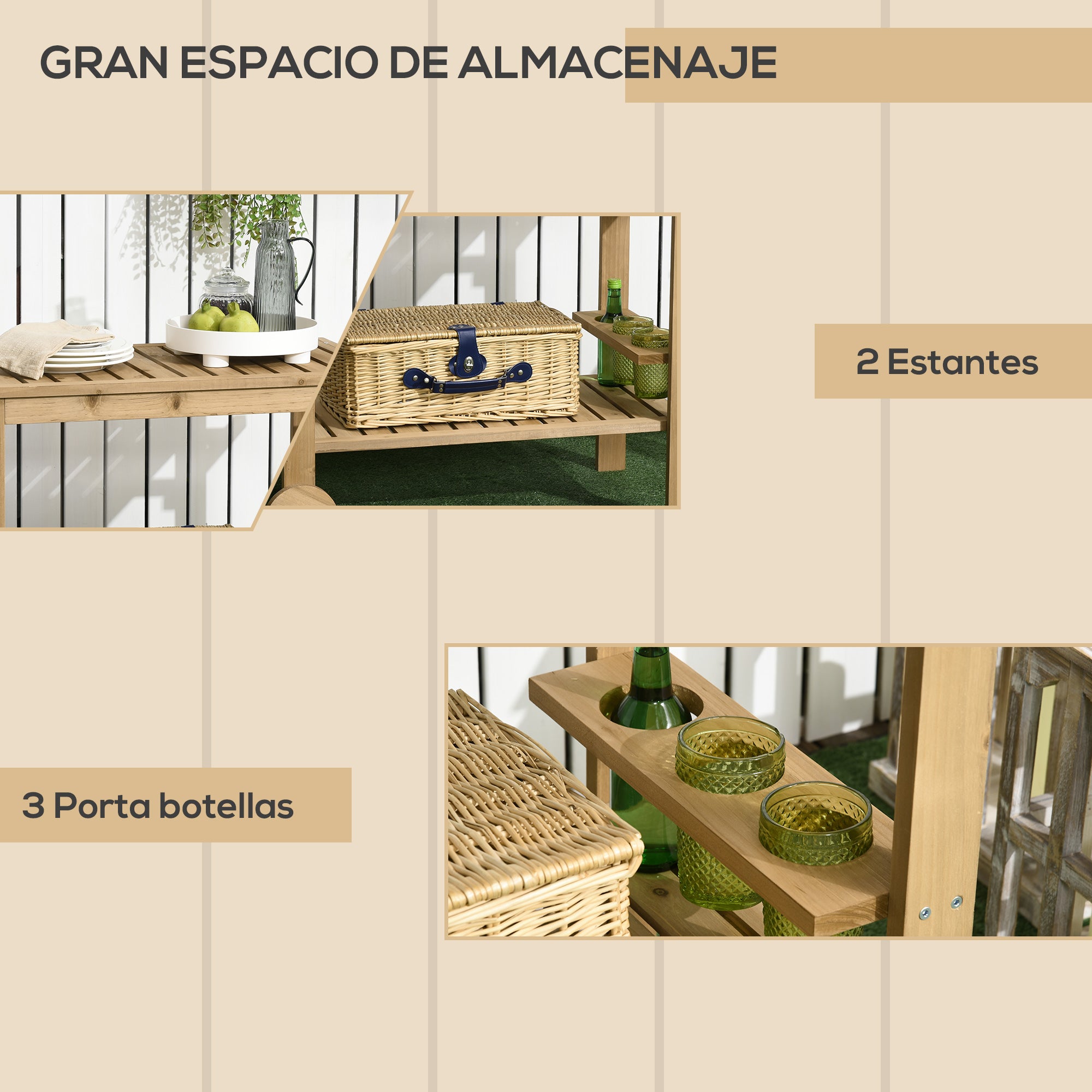 Outsunny Carrito de Madera de Bar Carro de Servicio de 2 Niveles con Asa Lateral 3 Portabotellas y 2 Ruedas para Jardín Patio Terraza 95x47x74 cm Natural