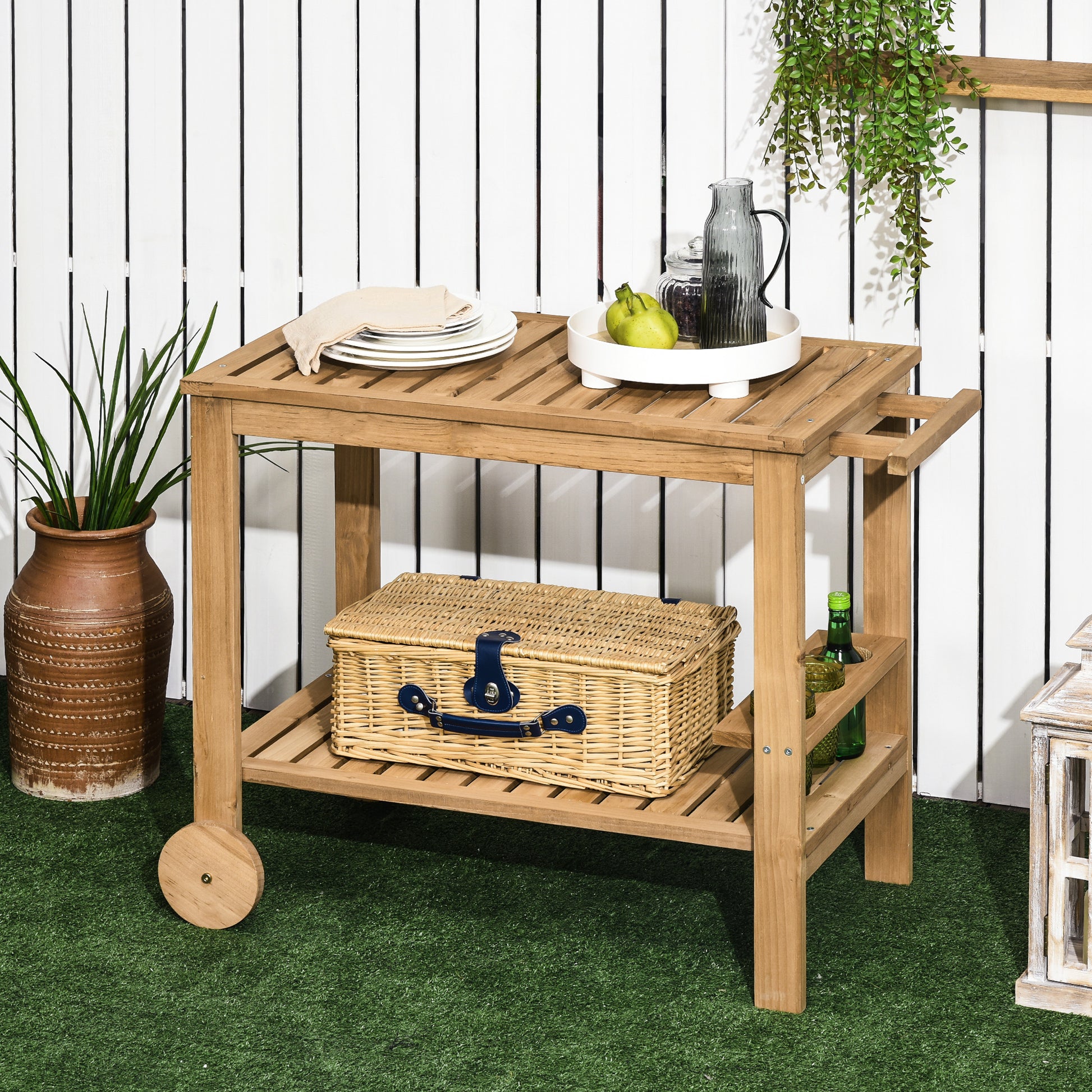 Outsunny Carrito de Madera de Bar Carro de Servicio de 2 Niveles con Asa Lateral 3 Portabotellas y 2 Ruedas para Jardín Patio Terraza 95x47x74 cm Natural