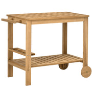 Outsunny Carrito de Madera de Bar Carro de Servicio de 2 Niveles con Asa Lateral 3 Portabotellas y 2 Ruedas para Jardín Patio Terraza 95x47x74 cm Natural