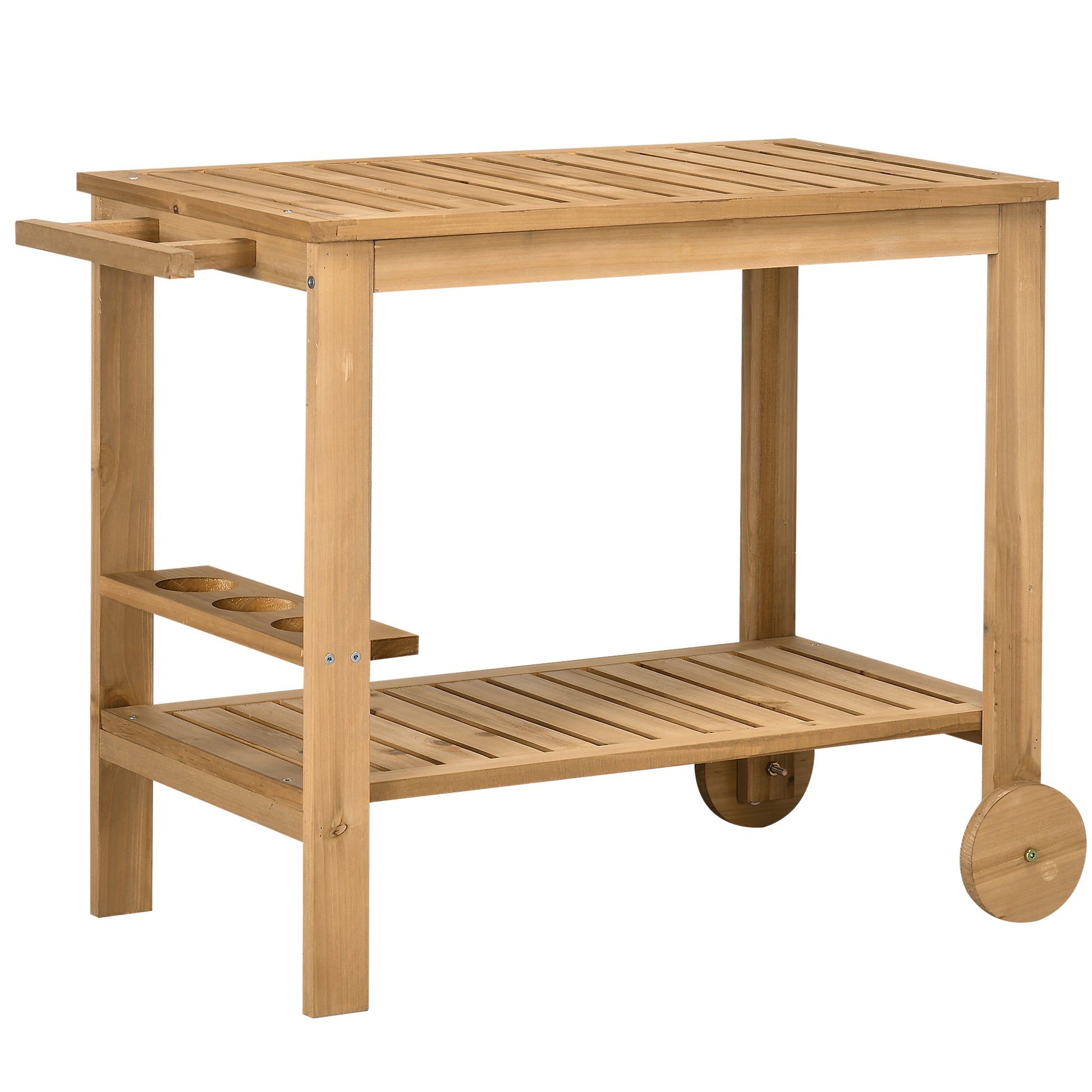 Outsunny Carrito de Madera de Bar Carro de Servicio de 2 Niveles con Asa Lateral 3 Portabotellas y 2 Ruedas para Jardín Patio Terraza 95x47x74 cm Natural