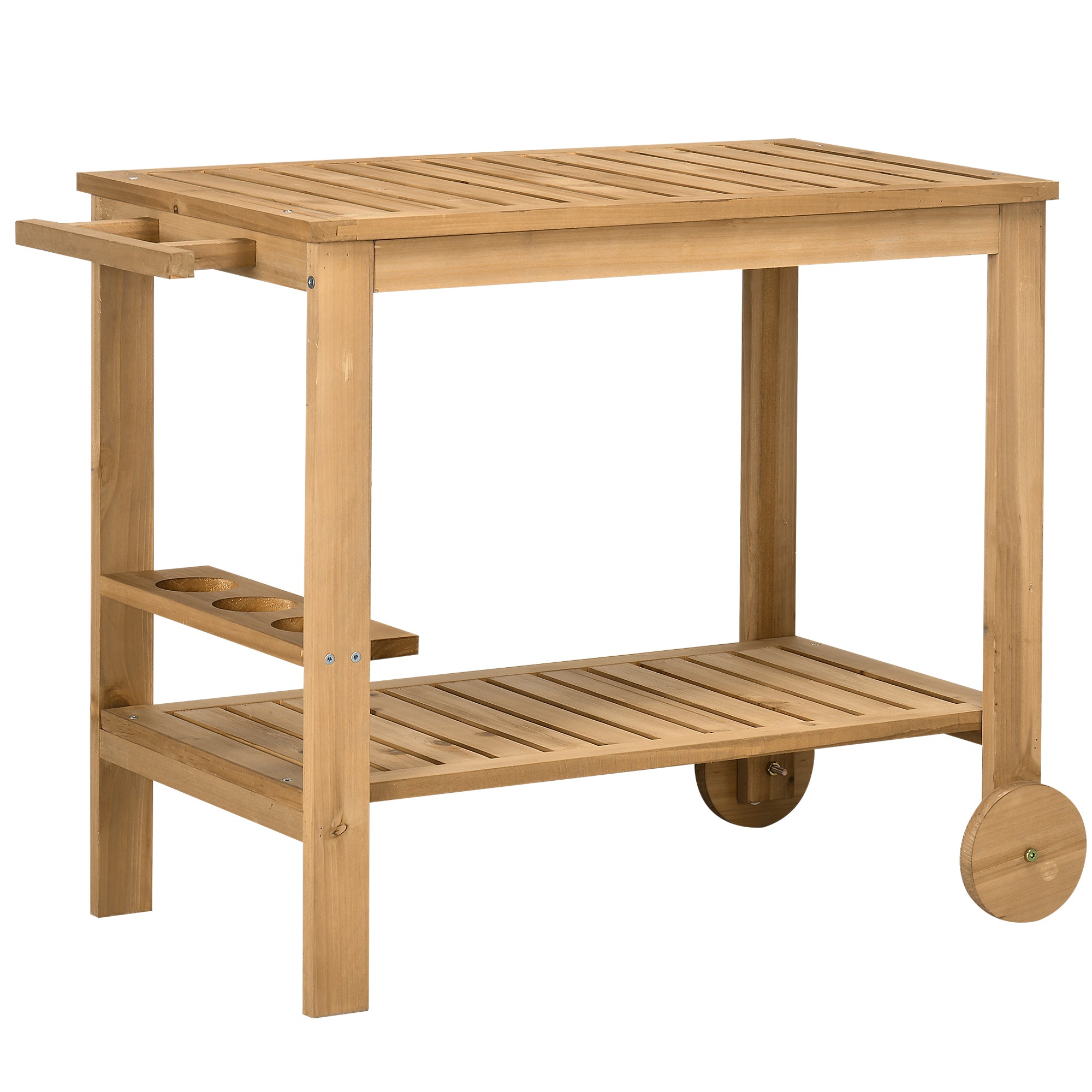 Outsunny Carrito de Madera de Bar Carro de Servicio de 2 Niveles con Asa Lateral 3 Portabotellas y 2 Ruedas para Jardín Patio Terraza 95x47x74 cm Natural