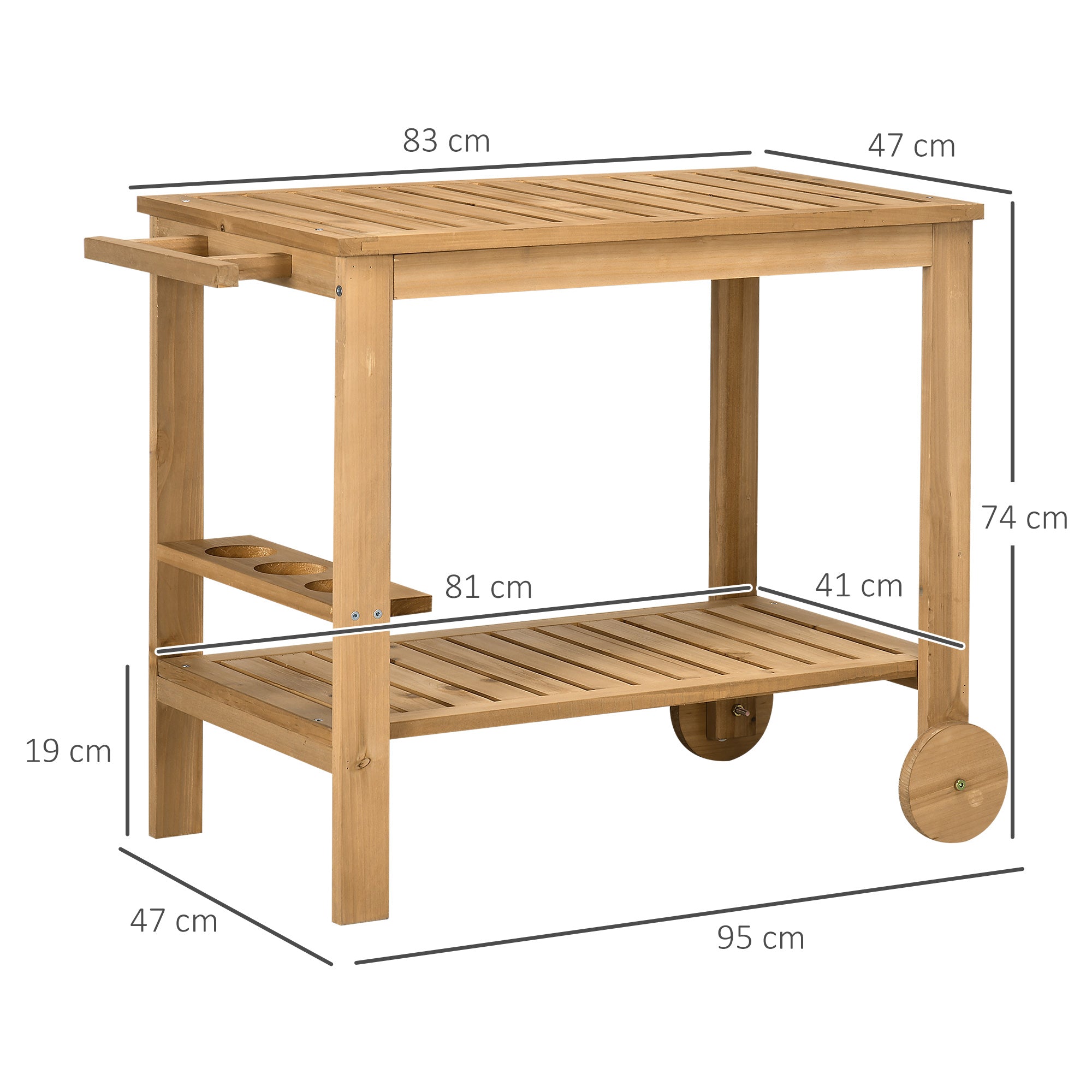 Outsunny Carrito de Madera de Bar Carro de Servicio de 2 Niveles con Asa Lateral 3 Portabotellas y 2 Ruedas para Jardín Patio Terraza 95x47x74 cm Natural