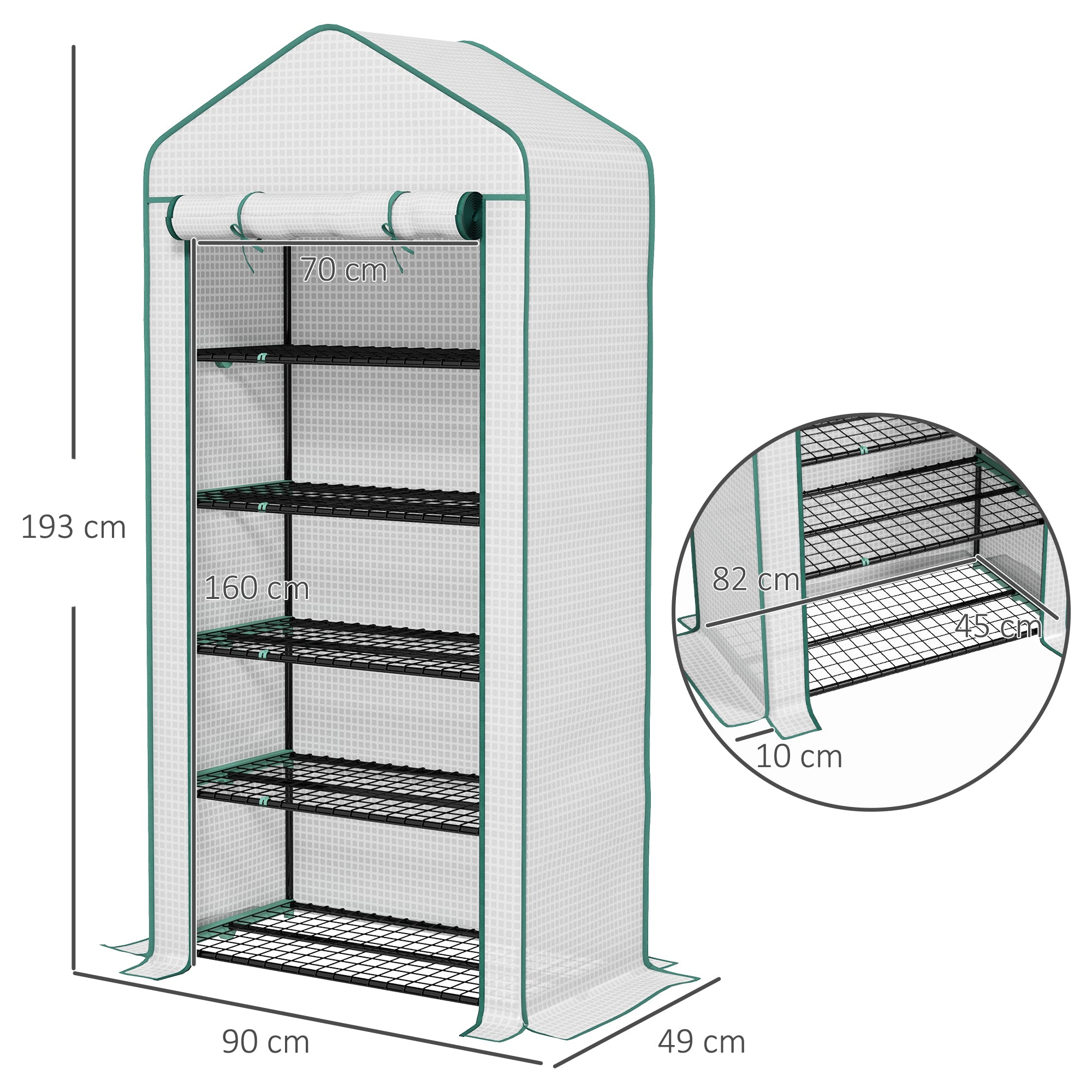 Outsunny Invernadero de Jardín de 5 Niveles Invernadero Pequeño Exterior con Puerta Enrollable con Cremallera Anti-UV Diseño Ensanchado y Estantes para Cultivo de Plantas Flores 90x49x193 cm Blanco