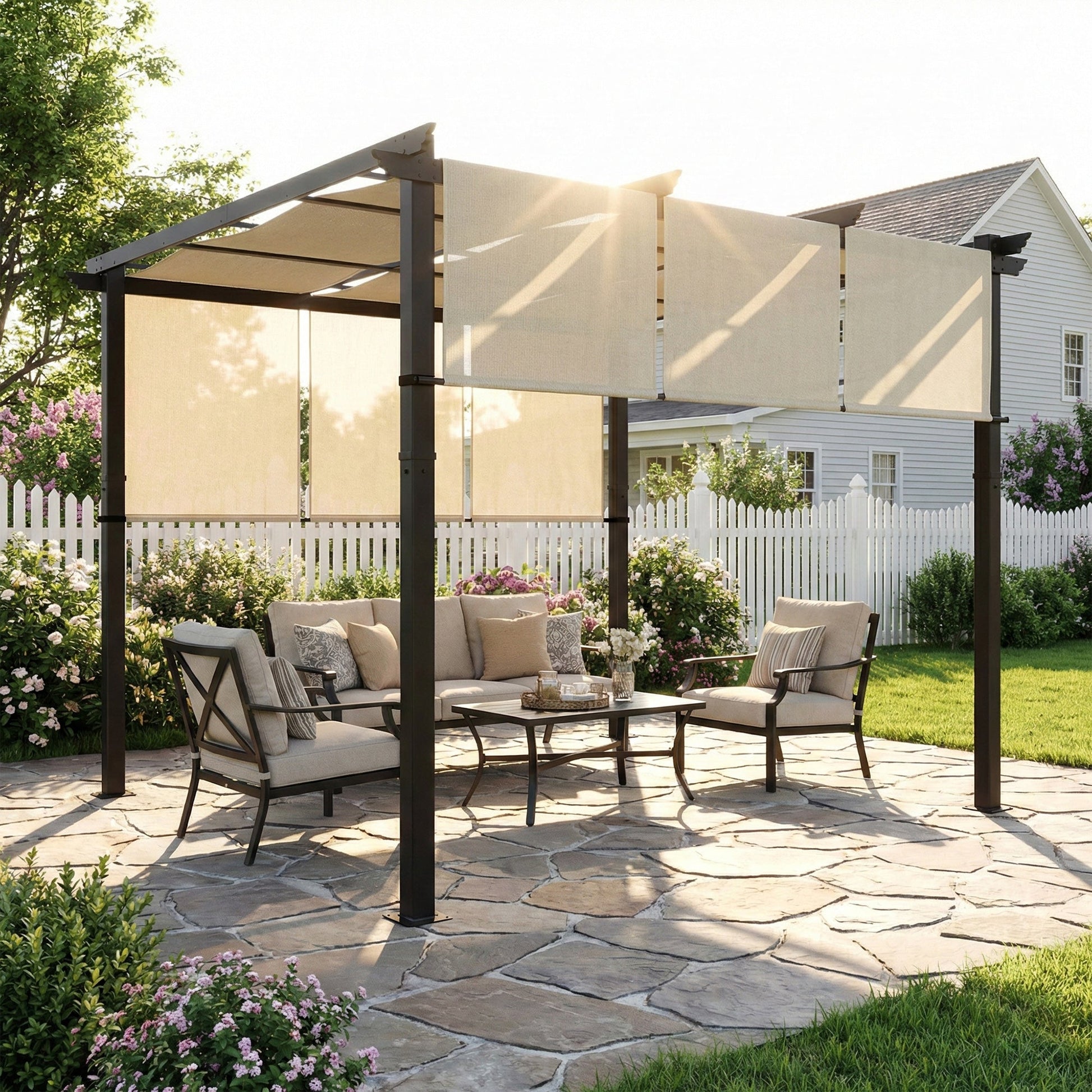Outsunny Pérgola de Jardín 3x3 m Cenador para Exterior con Techo Retráctil Marco de Acero Impermeable y Anti-UV para Terraza Patio Beige