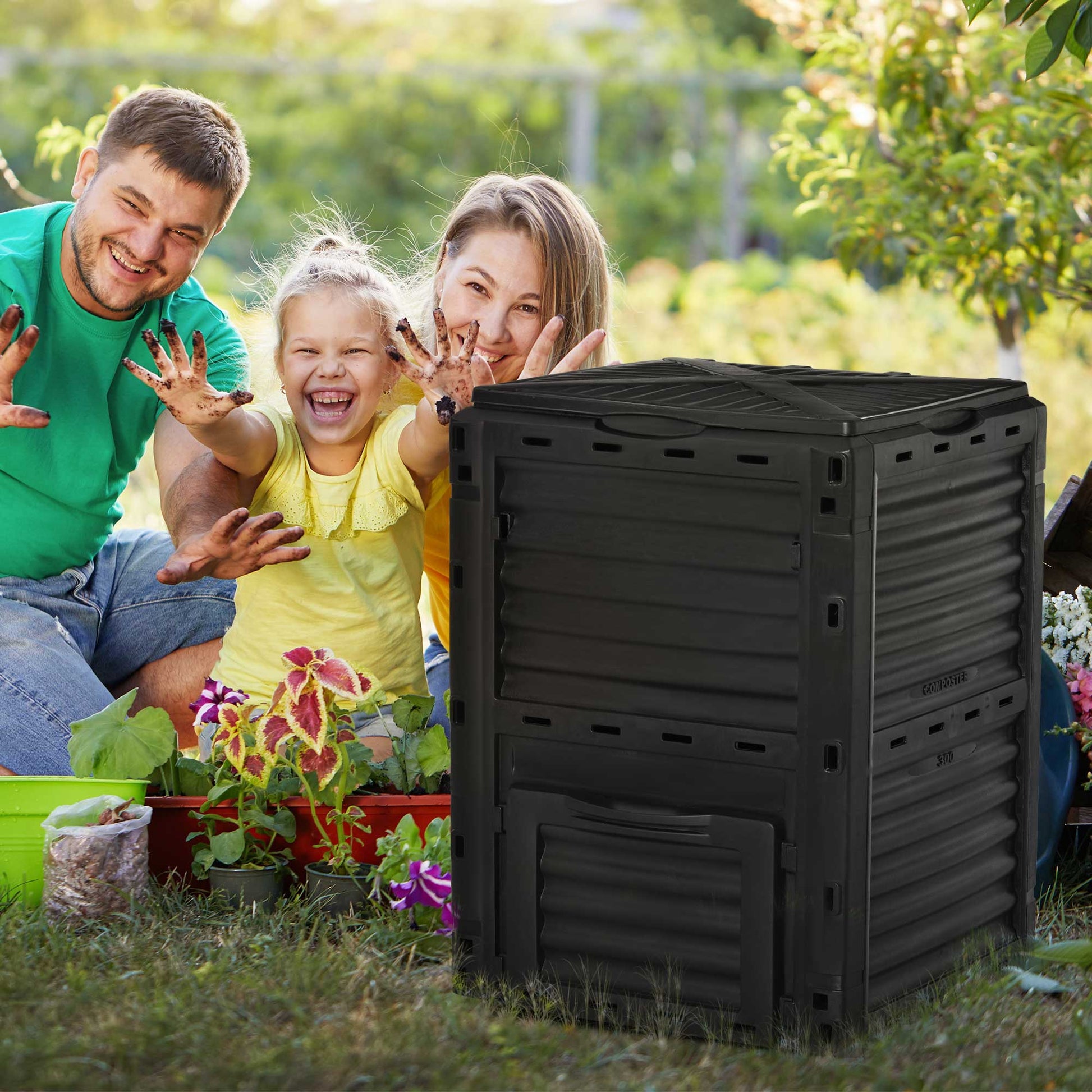 Outsunny Compostador Capacidad de 300L Compostera Orgánica para Producción Abono de Jardín Exterior con 48 Respiraderos 60,5x60,5x81,5 cm Negro
