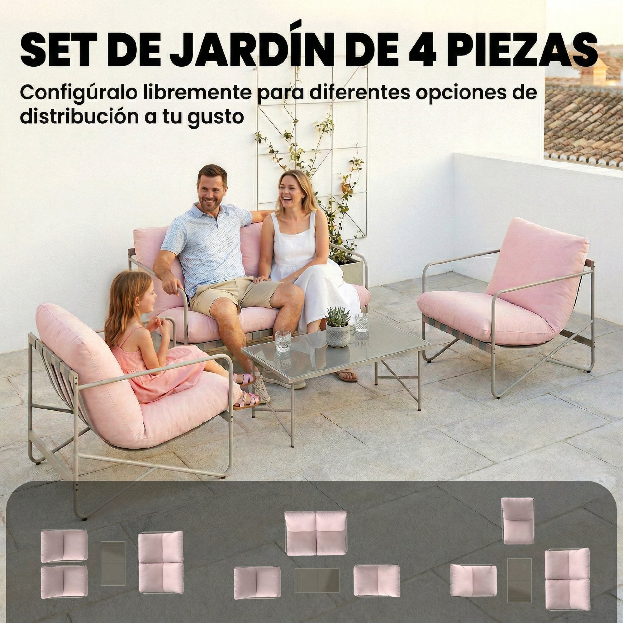 Outsunny Conjunto de Jardín Exterior de 4 Piezas, Muebles Jardín Exterior con Sofá de 2 Plazas, 2 Sillones, Mesa de Vidrio Templado, Cojines Gruesos, para Terraza, Rosa