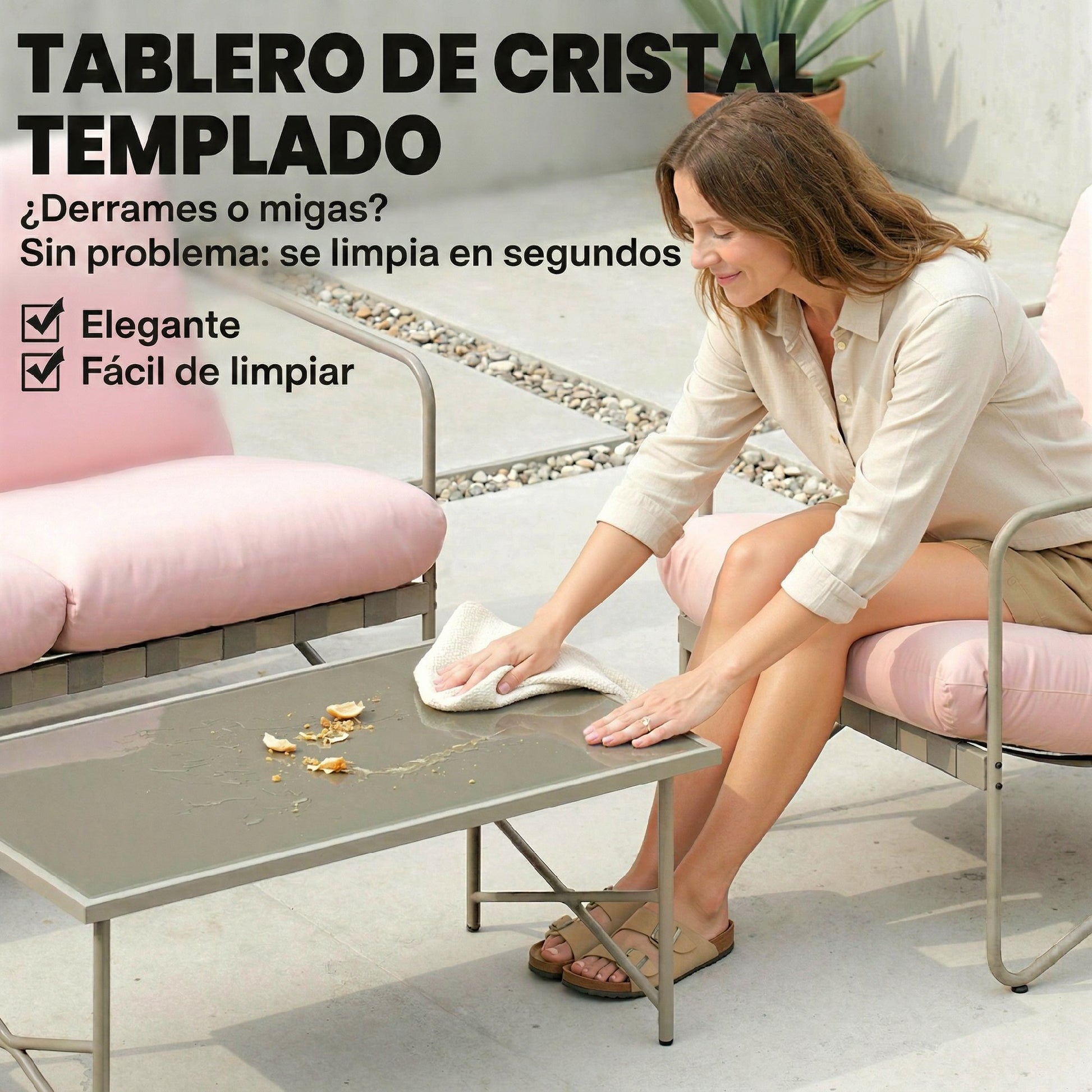Outsunny Conjunto de Jardín Exterior de 4 Piezas, Muebles Jardín Exterior con Sofá de 2 Plazas, 2 Sillones, Mesa de Vidrio Templado, Cojines Gruesos, para Terraza, Rosa