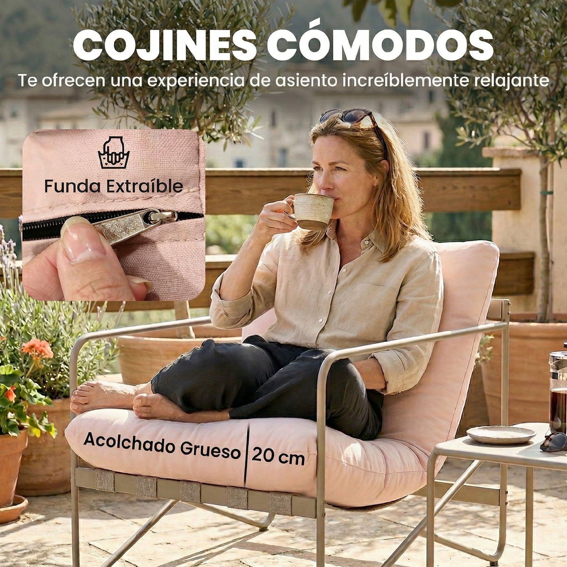 Outsunny Conjunto de Jardín Exterior de 4 Piezas, Muebles Jardín Exterior con Sofá de 2 Plazas, 2 Sillones, Mesa de Vidrio Templado, Cojines Gruesos, para Terraza, Rosa