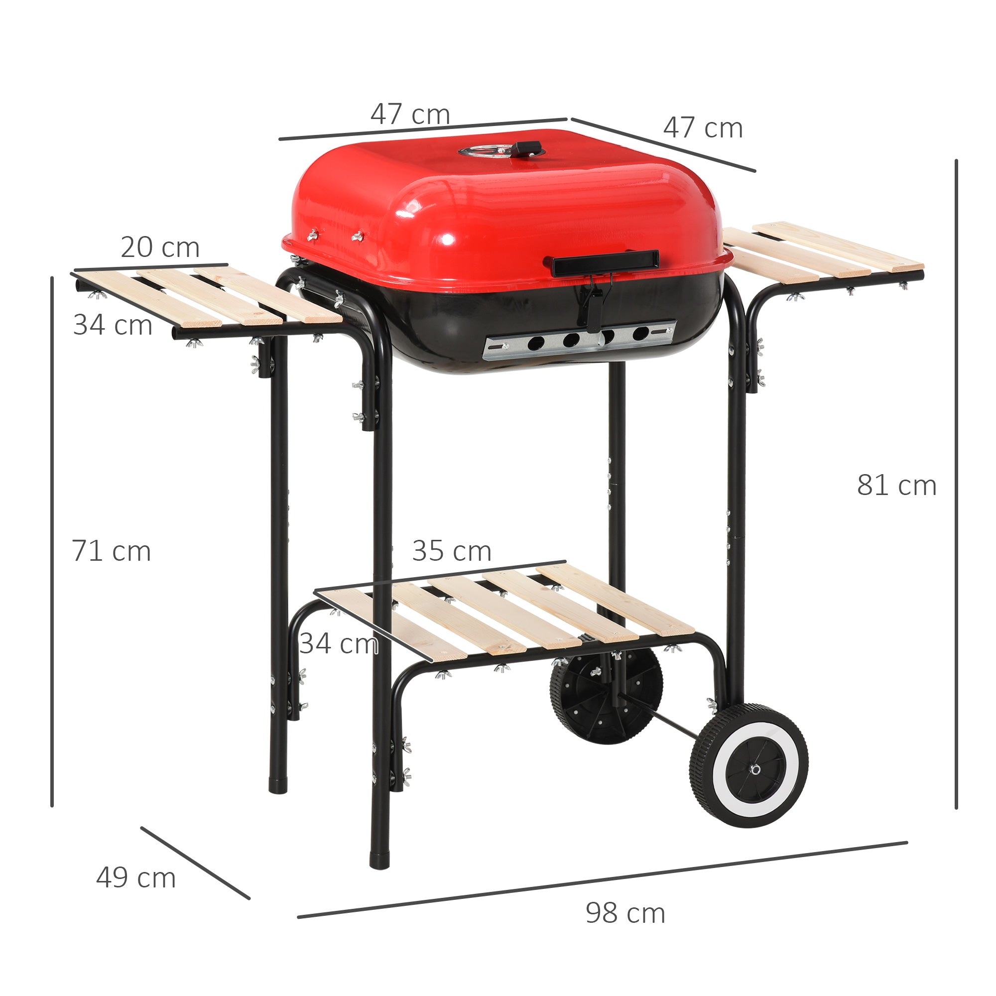 Outsunny Barbacoa de Carbón Picnic con Estantes de Madera Parrillas Asador BBQ Patio Acampada Multifuncional Parilla de Carbón Vegetal 98x49x81cm con Ruedas