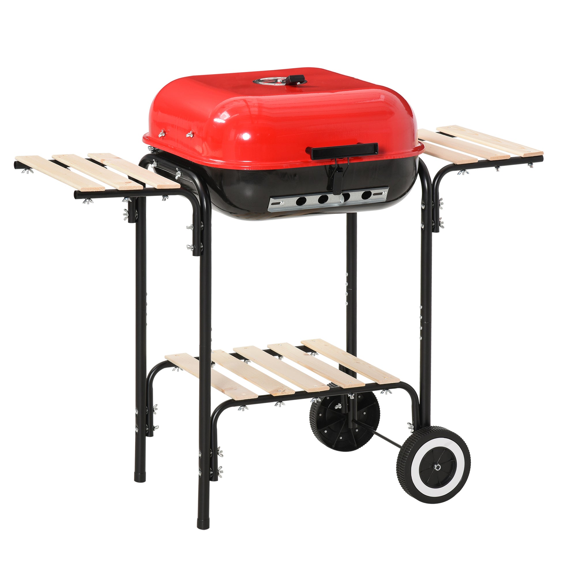 Outsunny Barbacoa de Carbón Picnic con Estantes de Madera Parrillas Asador BBQ Patio Acampada Multifuncional Parilla de Carbón Vegetal 98x49x81cm con Ruedas