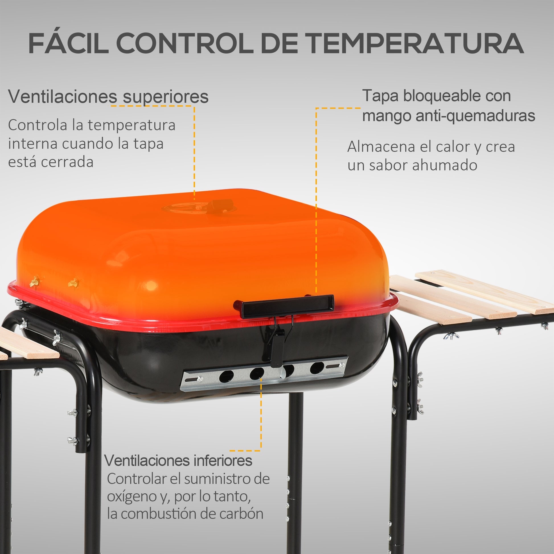 Outsunny Barbacoa de Carbón Picnic con Estantes de Madera Parrillas Asador BBQ Patio Acampada Multifuncional Parilla de Carbón Vegetal 98x49x81cm con Ruedas