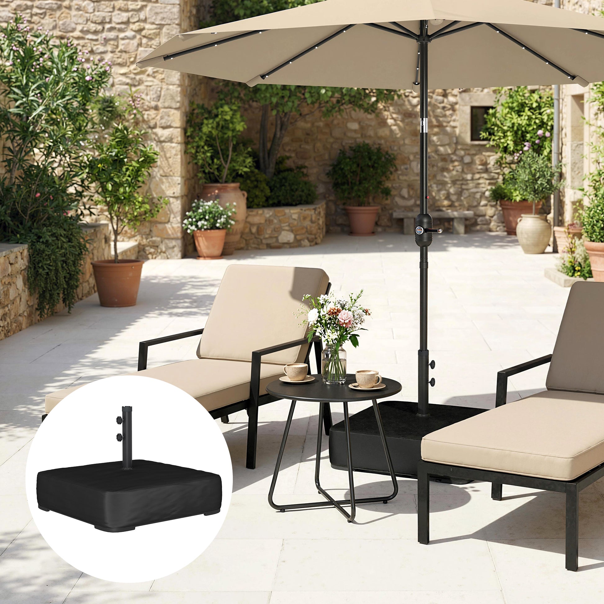 Outsunny Base para Sombrilla Cuadrada con Funda, Soporte de Parasol con Bolsas de Arena, Pie para Sombrilla con Postes Ø48 mm, Rellenable de Arena 80 kg Arena Húmeda 90 kg, para Jardín, Terraza, Negro