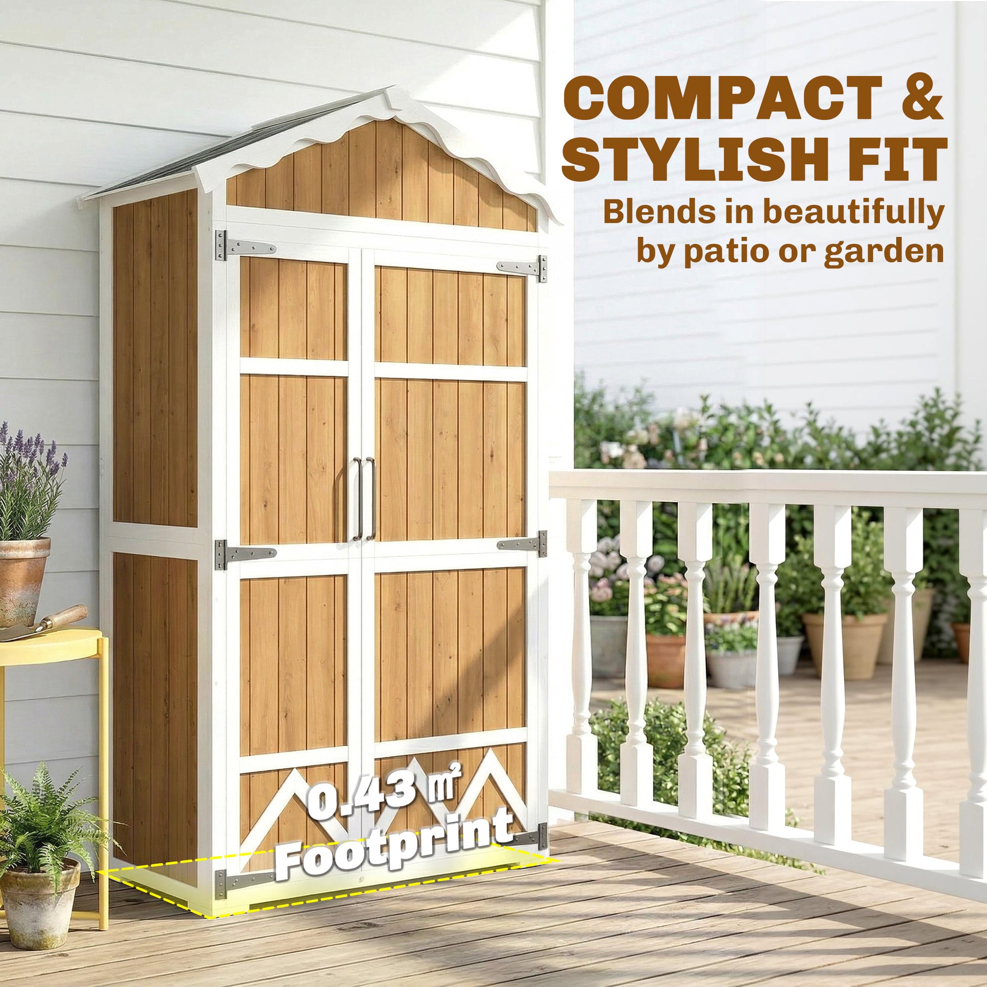 Outsunny Caseta de Jardín de Madera 105x55x179 cm Cobertizo Jardín Exterior Impermeable Armario Exterior Herramientas con Puertas 4 Estantes Extraíbles Techo Metal Galvanizado Pies Ajustables Natural