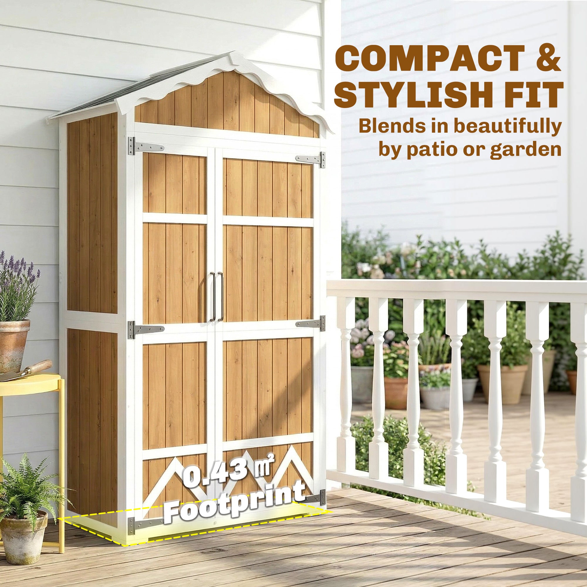 Outsunny Caseta de Jardín de Madera 105x55x179 cm Cobertizo Jardín Exterior Impermeable Armario Exterior Herramientas con Puertas 4 Estantes Extraíbles Techo Metal Galvanizado Pies Ajustables Natural