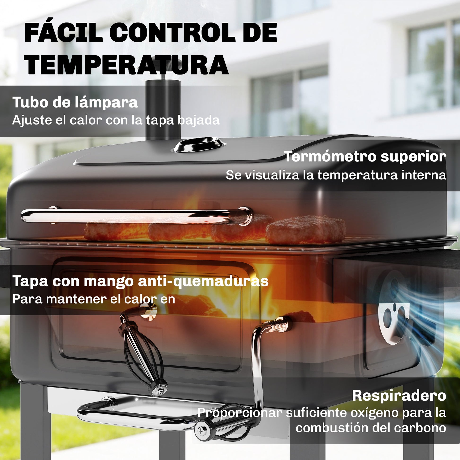 Outsunny Barbacoa de Carbón Portátil, Barbacoa de Carbón con Bandeja y Ventilación Ajustable, Gran Parrilla, Estantes Laterales, Termómetro, Tapa, Chimenea, Cajón de Cenizas, Ruedas, Puerta, Negro