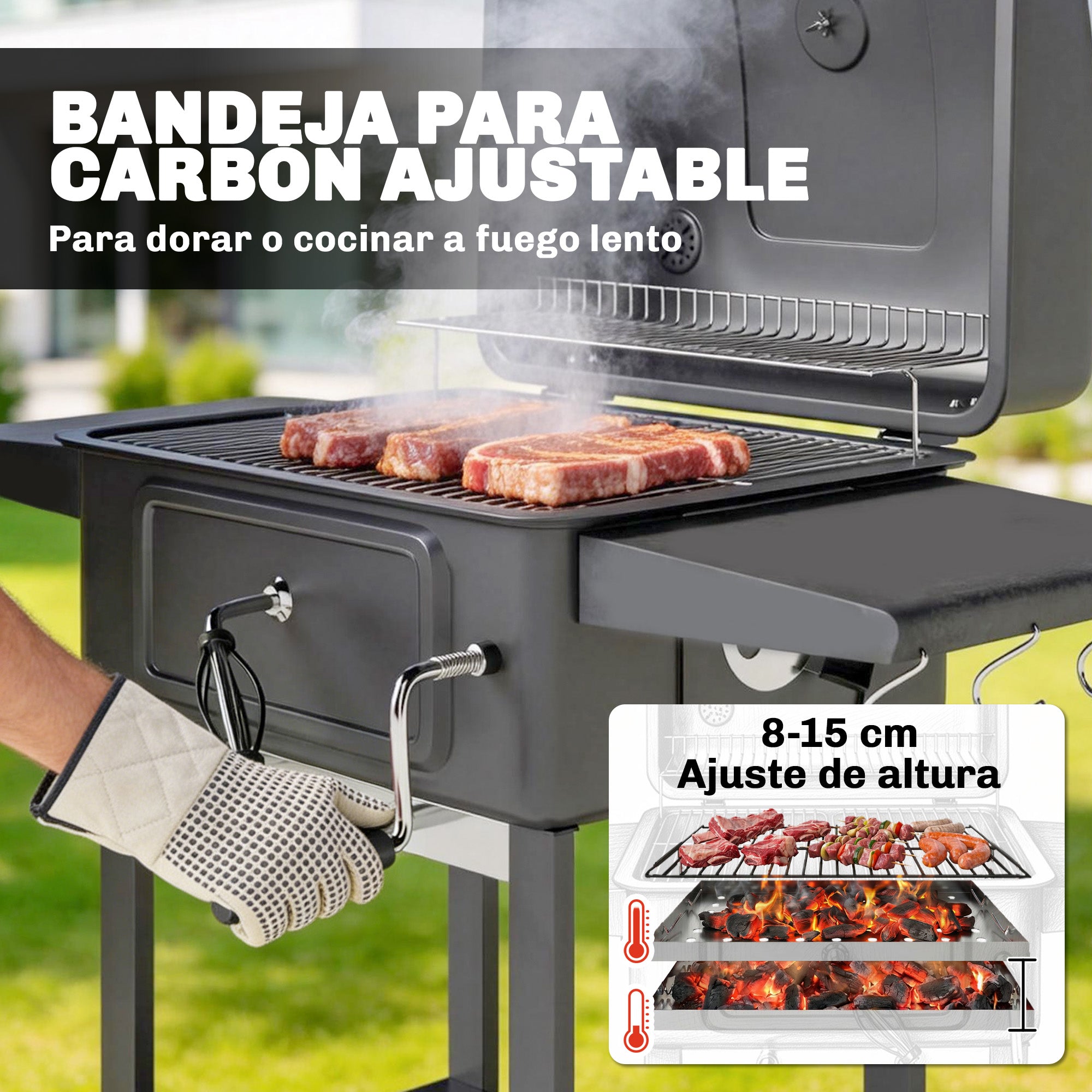 Outsunny Barbacoa de Carbón Portátil, Barbacoa de Carbón con Bandeja y Ventilación Ajustable, Gran Parrilla, Estantes Laterales, Termómetro, Tapa, Chimenea, Cajón de Cenizas, Ruedas, Puerta, Negro