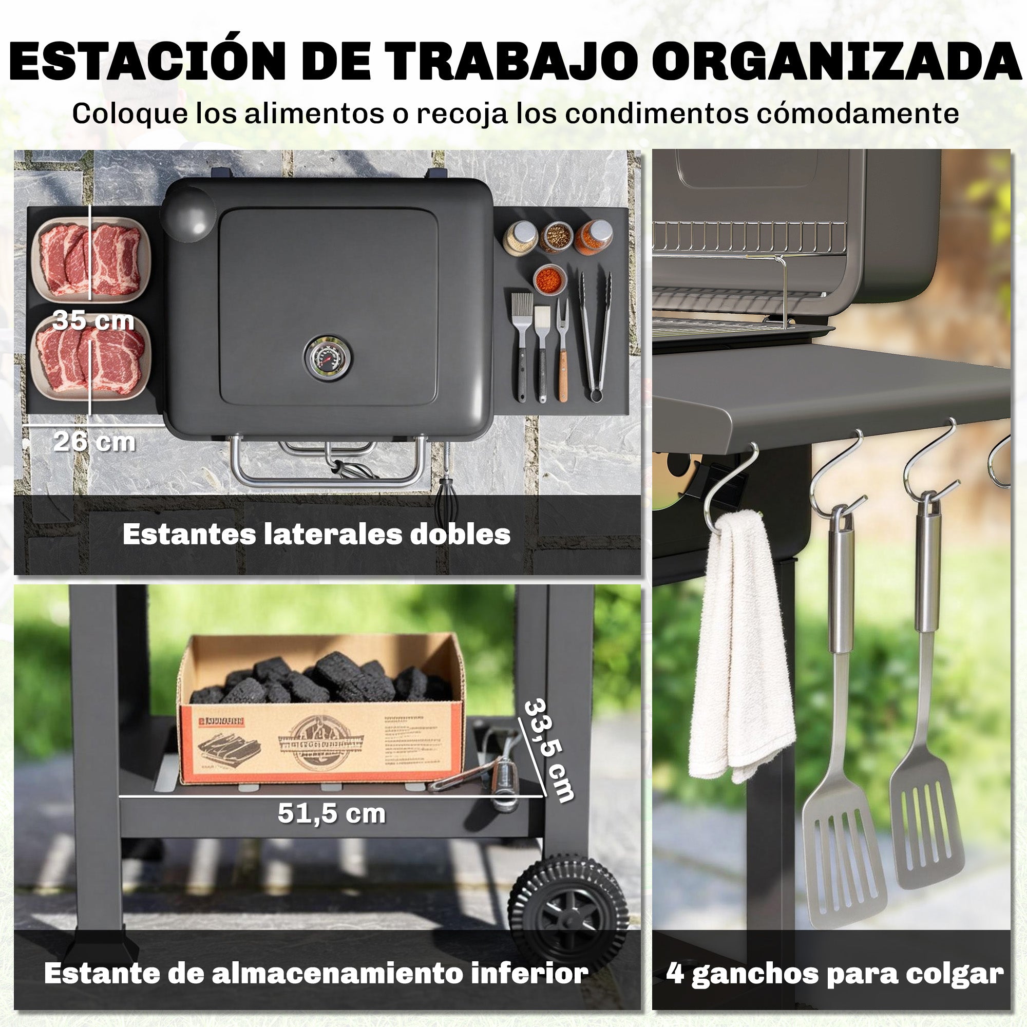 Outsunny Barbacoa de Carbón Portátil, Barbacoa de Carbón con Bandeja y Ventilación Ajustable, Gran Parrilla, Estantes Laterales, Termómetro, Tapa, Chimenea, Cajón de Cenizas, Ruedas, Puerta, Negro
