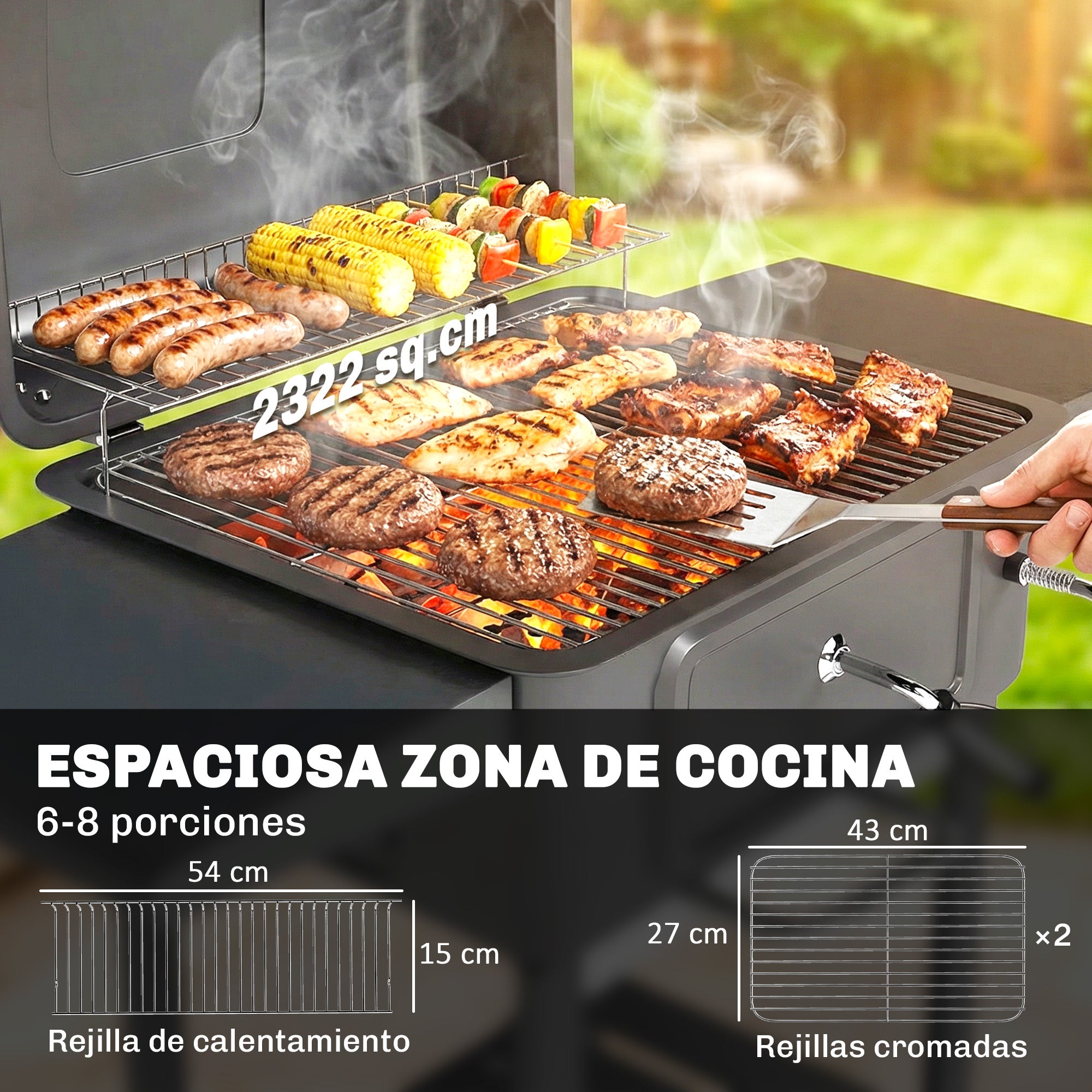 Outsunny Barbacoa de Carbón Portátil, Barbacoa de Carbón con Bandeja y Ventilación Ajustable, Gran Parrilla, Estantes Laterales, Termómetro, Tapa, Chimenea, Cajón de Cenizas, Ruedas, Puerta, Negro