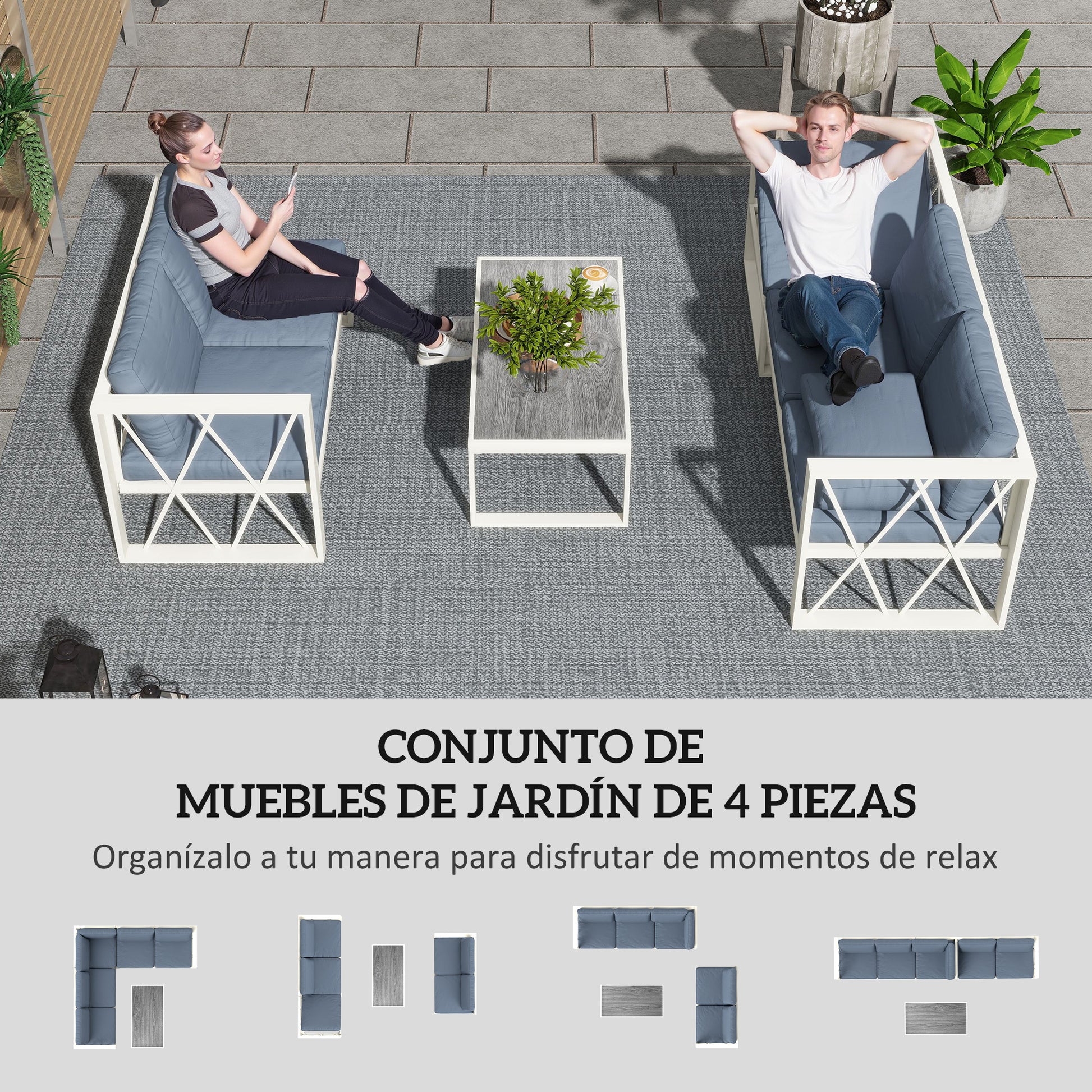 Outsunny Conjunto de Muebles Jardín Exterior de 4 Piezas Sofá Exterior Seccional Forma de L con 2 Sofás de 2 Plazas Sofá de Esquina con Asiento Ajustable y Mesa Centro de DPC con Cojines Beige y Gris