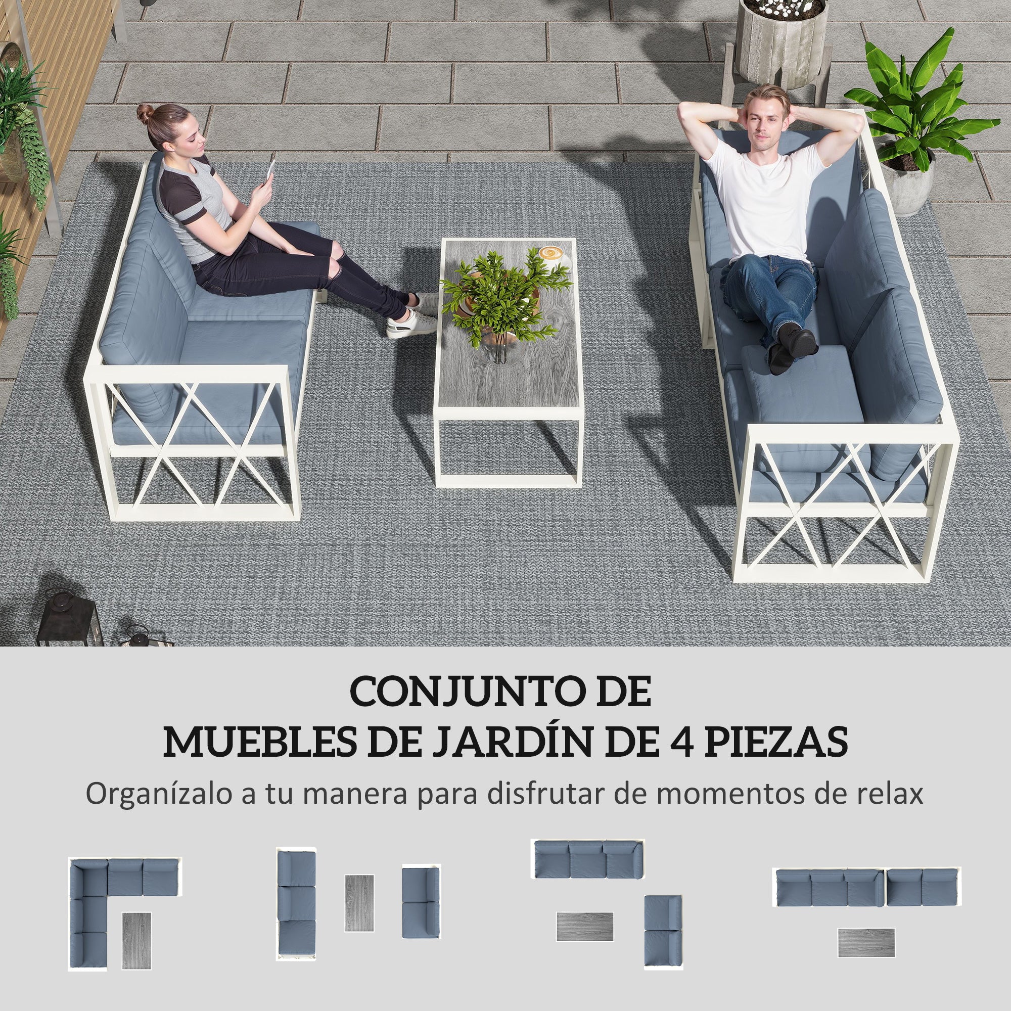 Outsunny Conjunto de Muebles Jardín Exterior de 4 Piezas Sofá Exterior Seccional Forma de L con 2 Sofás de 2 Plazas Sofá de Esquina con Asiento Ajustable y Mesa Centro de DPC con Cojines Beige y Gris