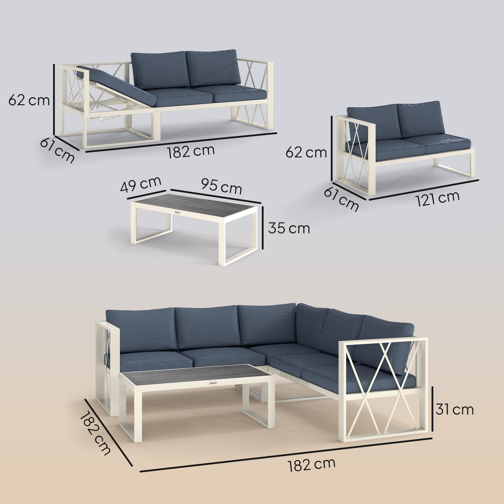 Outsunny Conjunto de Muebles Jardín Exterior de 4 Piezas Sofá Exterior Seccional Forma de L con 2 Sofás de 2 Plazas Sofá de Esquina con Asiento Ajustable y Mesa Centro de DPC con Cojines Beige y Gris