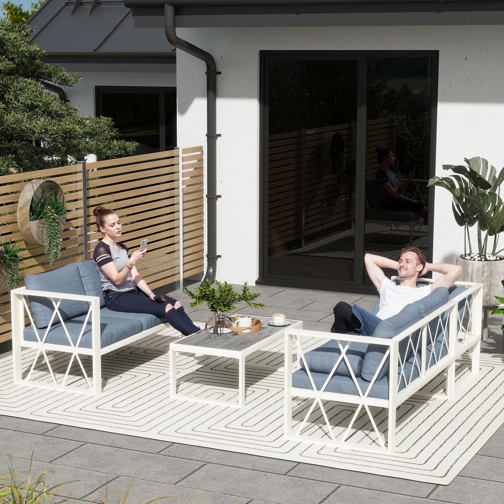 Outsunny Conjunto de Muebles Jardín Exterior de 4 Piezas Sofá Exterior Seccional Forma de L con 2 Sofás de 2 Plazas Sofá de Esquina con Asiento Ajustable y Mesa Centro de DPC con Cojines Beige y Gris