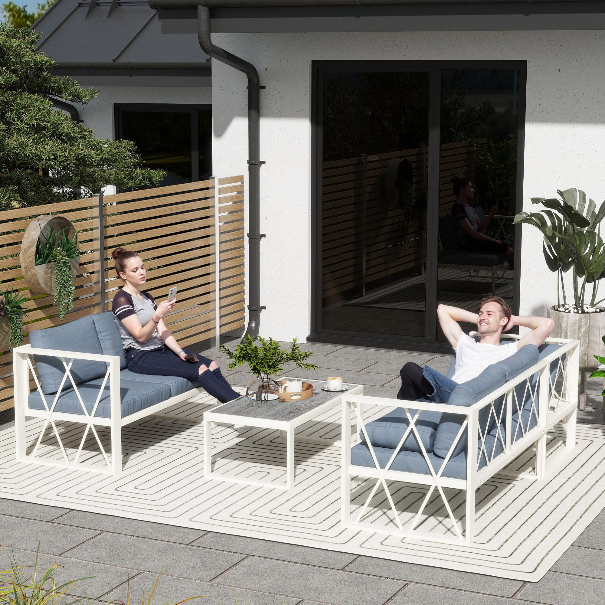 Outsunny Conjunto de Muebles Jardín Exterior de 4 Piezas Sofá Exterior Seccional Forma de L con 2 Sofás de 2 Plazas Sofá de Esquina con Asiento Ajustable y Mesa Centro de DPC con Cojines Beige y Gris
