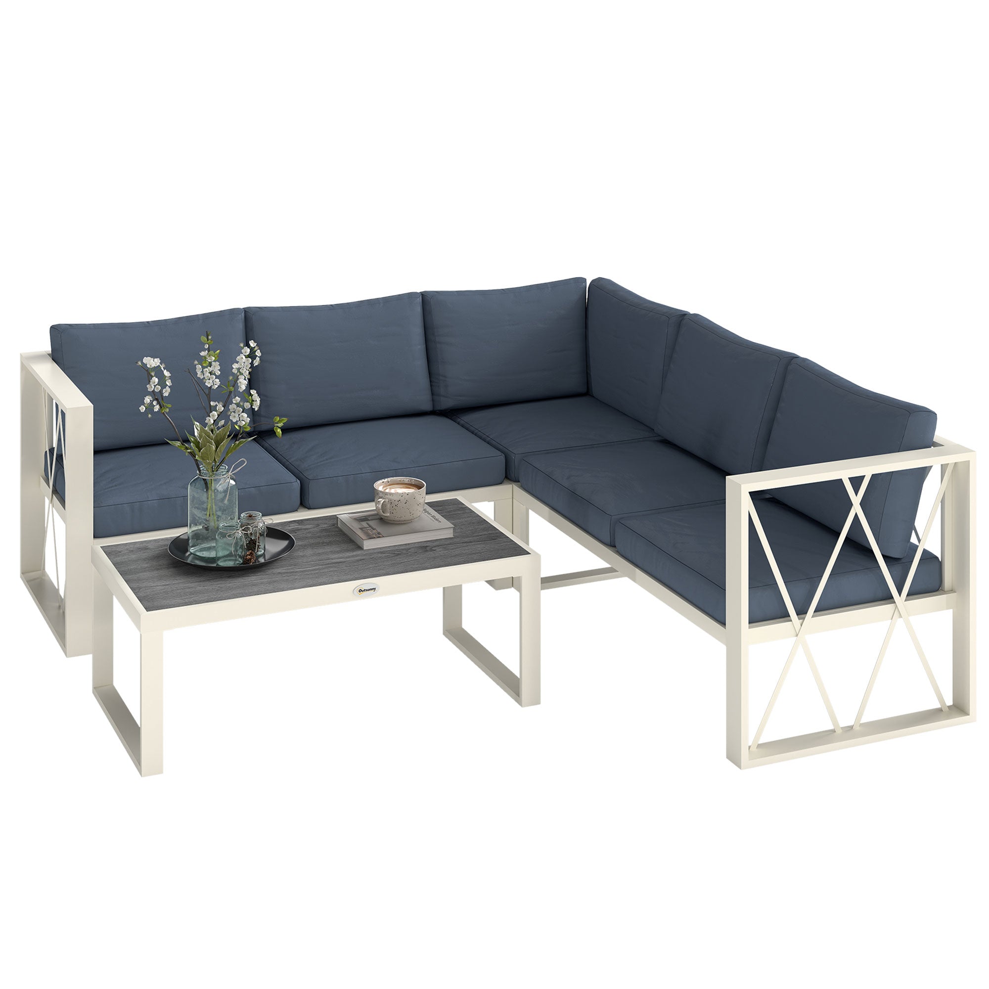 Outsunny Conjunto de Muebles Jardín Exterior de 4 Piezas Sofá Exterior Seccional Forma de L con 2 Sofás de 2 Plazas Sofá de Esquina con Asiento Ajustable y Mesa Centro de DPC con Cojines Beige y Gris