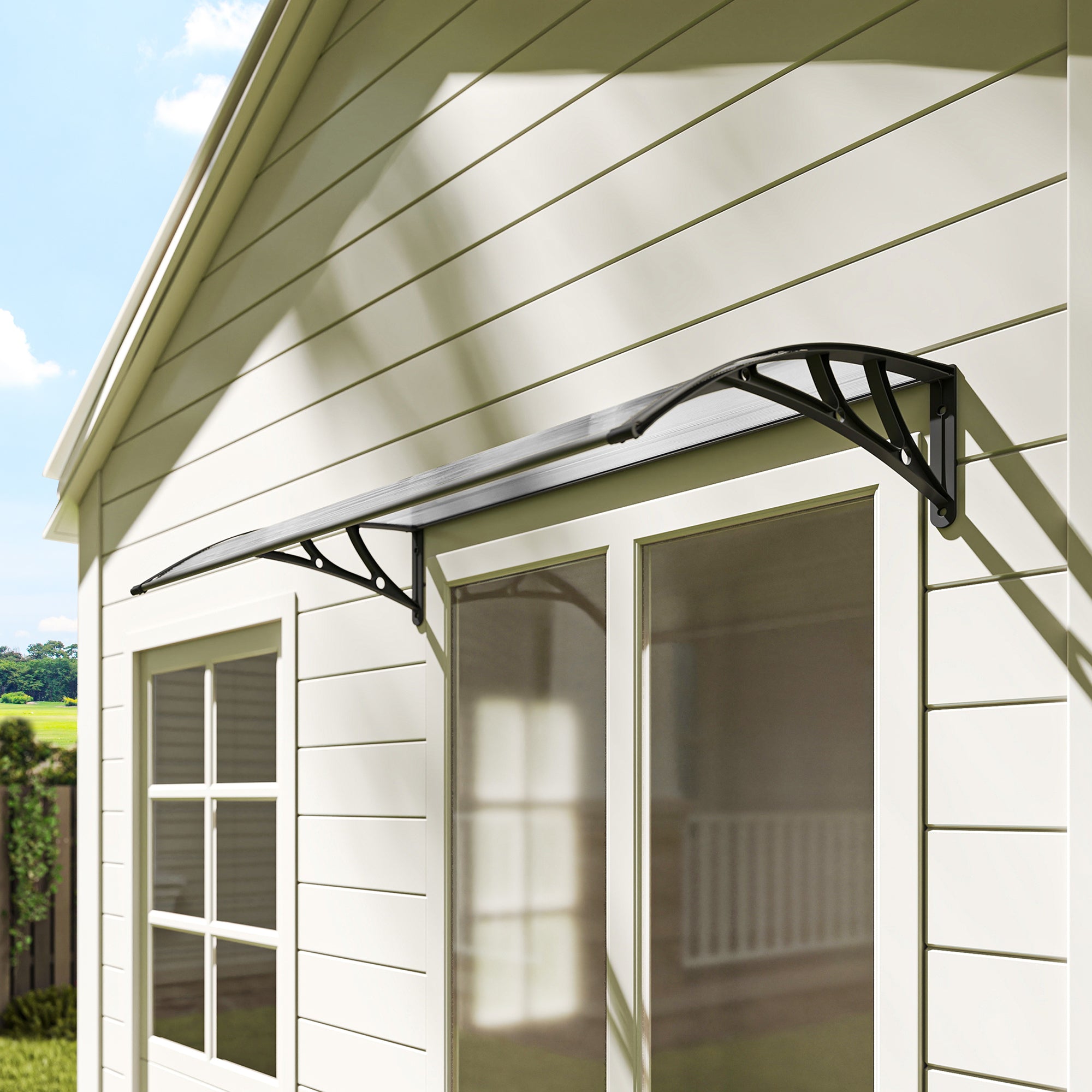 Outsunny Marquesinas Exterior para Puertas y Ventanas, 110x60 cm, Tejadillo de Protección contra Sol y Lluvia, con Cubierta de Policarbonato, Soportes de PP y Regleta de Aluminio, Negro y Transparente