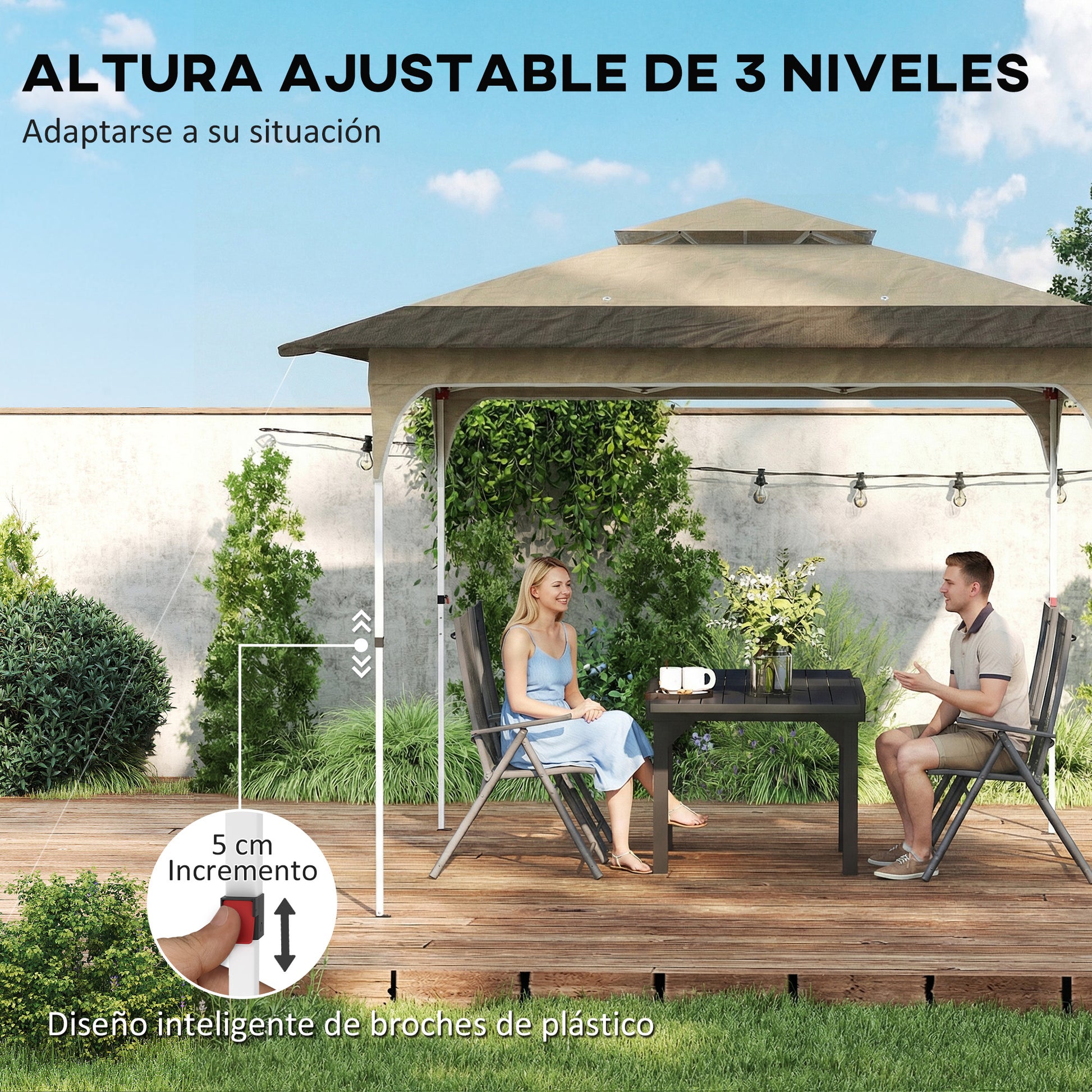 Outsunny Carpa Plegable 3,5x3,5 m, Pop-up, Cenador Pabellón de Jardín con Doble Techo, Cierre Central, UPF50+, Altura Ajustable de 3 Niveles y Bolsa de Transporte, Gazebo para Fiestas, Exterior, Caqui