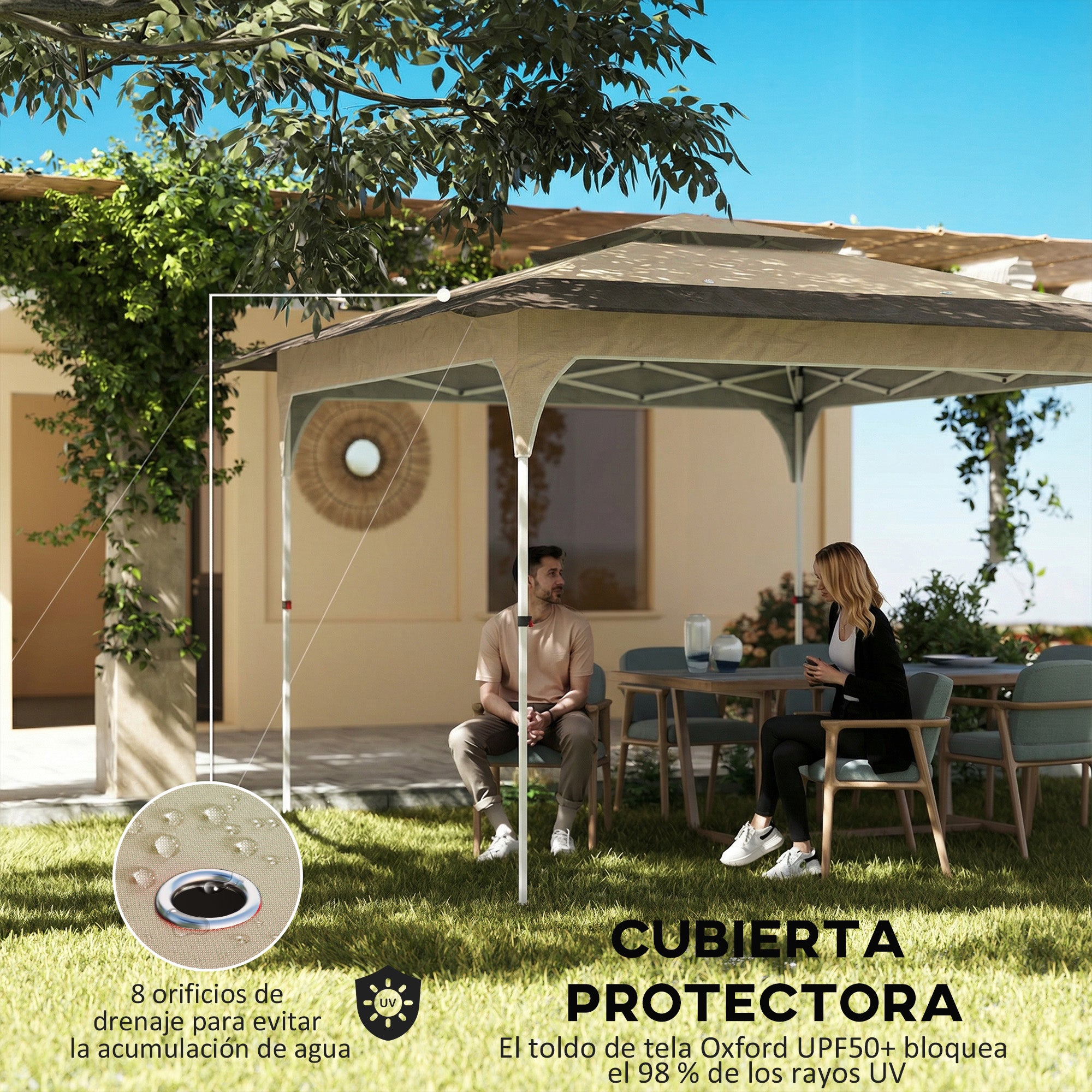 Outsunny Carpa Plegable 3,5x3,5 m, Pop-up, Cenador Pabellón de Jardín con Doble Techo, Cierre Central, UPF50+, Altura Ajustable de 3 Niveles y Bolsa de Transporte, Gazebo para Fiestas, Exterior, Caqui