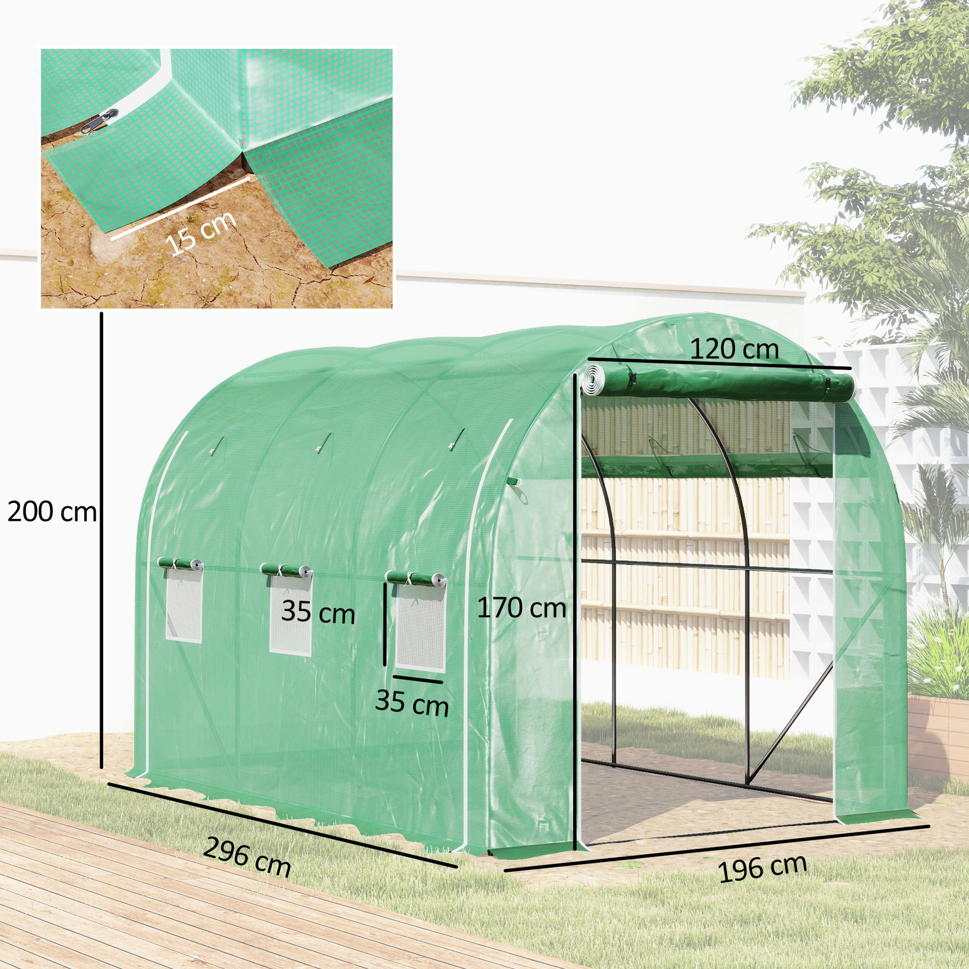 Outsunny Invernadero de Túnel 296x196x200 cm Invernadero de Jardín con 3 Puertas Enrollables 6 Ventanas Cubierta PE 140g/m² Estructura de Acero Galvanizado para Cultivos Plantas Flores Verde