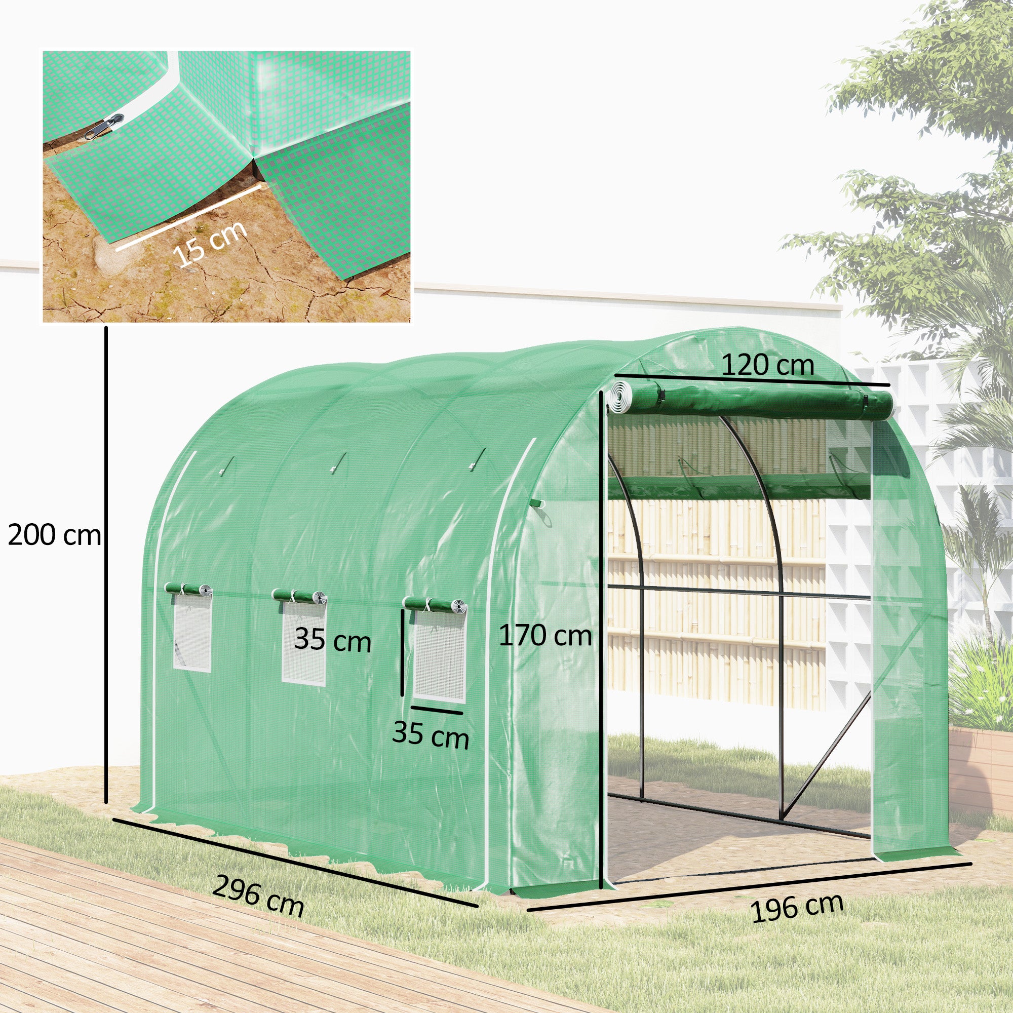 Outsunny Invernadero de Túnel 296x196x200 cm Invernadero de Jardín con 3 Puertas Enrollables 6 Ventanas Cubierta PE 140g/m² Estructura de Acero Galvanizado para Cultivos Plantas Flores Verde